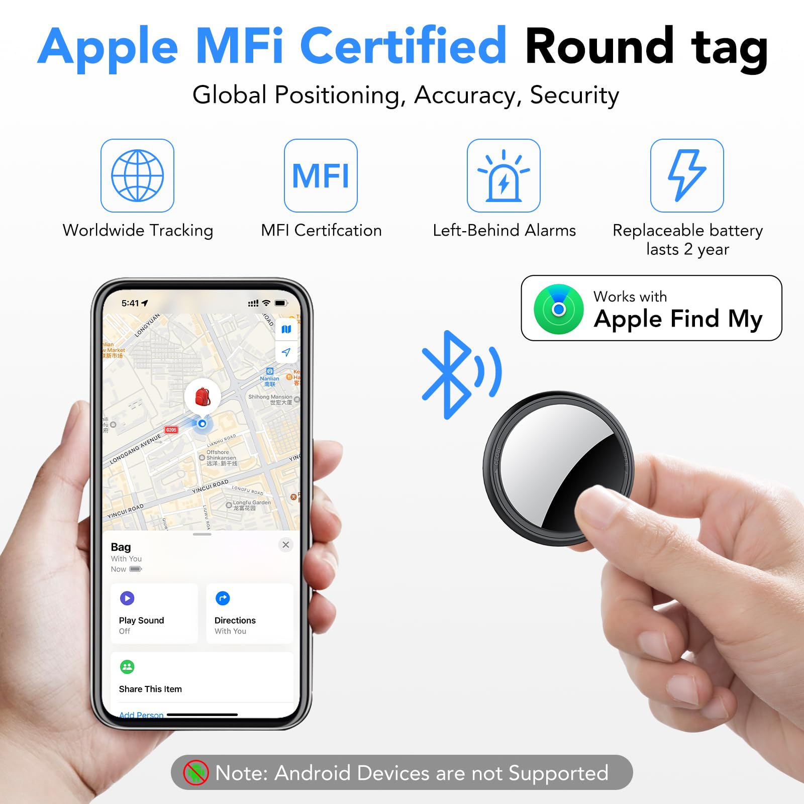 Air Tracker Tag-4 Pezzi, Smart Tag Compatibile con Apple Find My (Solo IOS), Bluetooth Localizzatore per Portafogli, Chiavi, Bagagli, Zaini, 100dB Bip, IP68 impermeabile, Batteria Sostituibile