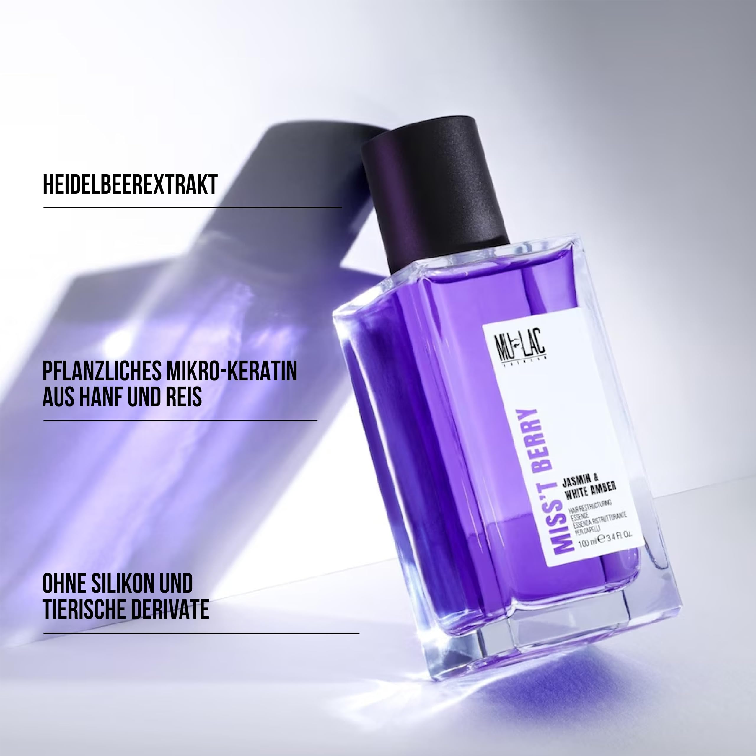MULAC | Miss't Berry Haaressenz Restrukturierend, Haarparfum mit Heidelbeeröl und pflanzlicher Keratin, Restrukturierende Wirkung, Noten von Holz und Vanille, 100ml