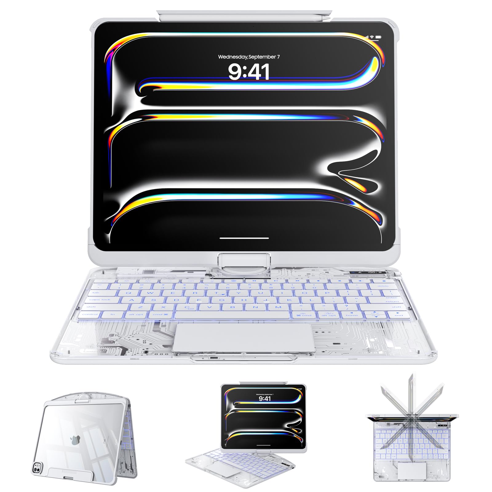 Clear Case with Keyboard for iPad Pro 11 Inch Case (M5/M4, 2025/2024), 360°+180° Rotating iPad Keyboard, LCD Display, Pencil Holder, 7-Color Backlit, Multi-Touch Trackpad, White