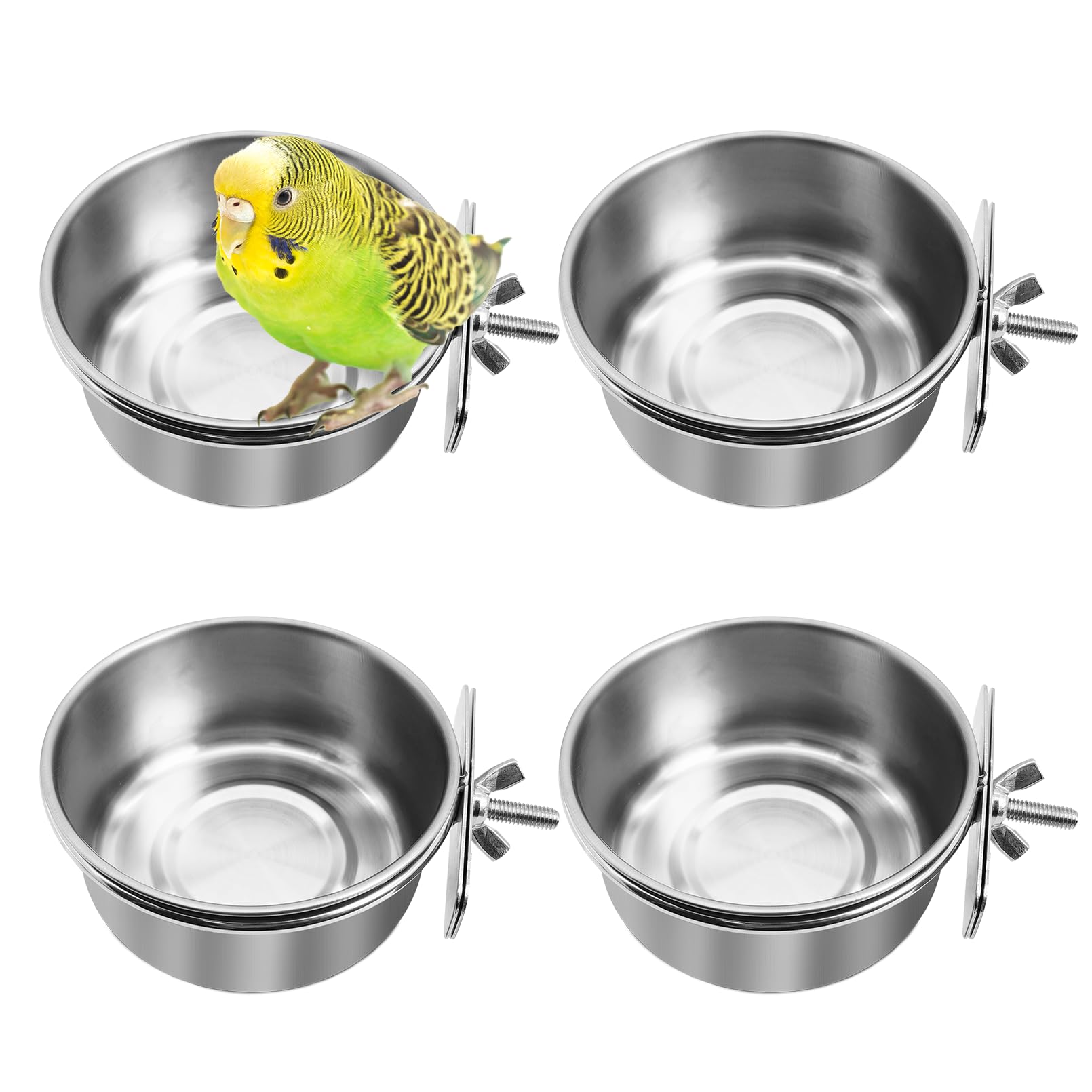 kathson 4 Pack Stainless Steel Bird Bowls, Parrot Feeding Dish Cups with Clamp Holder Bird Feeders Water Cage Bowl for Parakeet Cockatiels Conure Budgies Lovebird Finch and Small Animals
