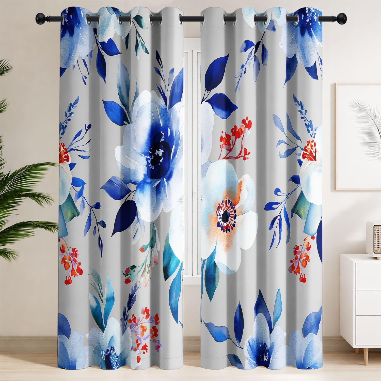 Générique Rideaux Occultants Continu Botanique Frais Moderne Grafisch 135 x 190 CM | Anti Froid et Chaleur - Lot de 2 Rideaux Style Tendance Bleu Blanc Fleurs Aquarelle Convient aux Adultes