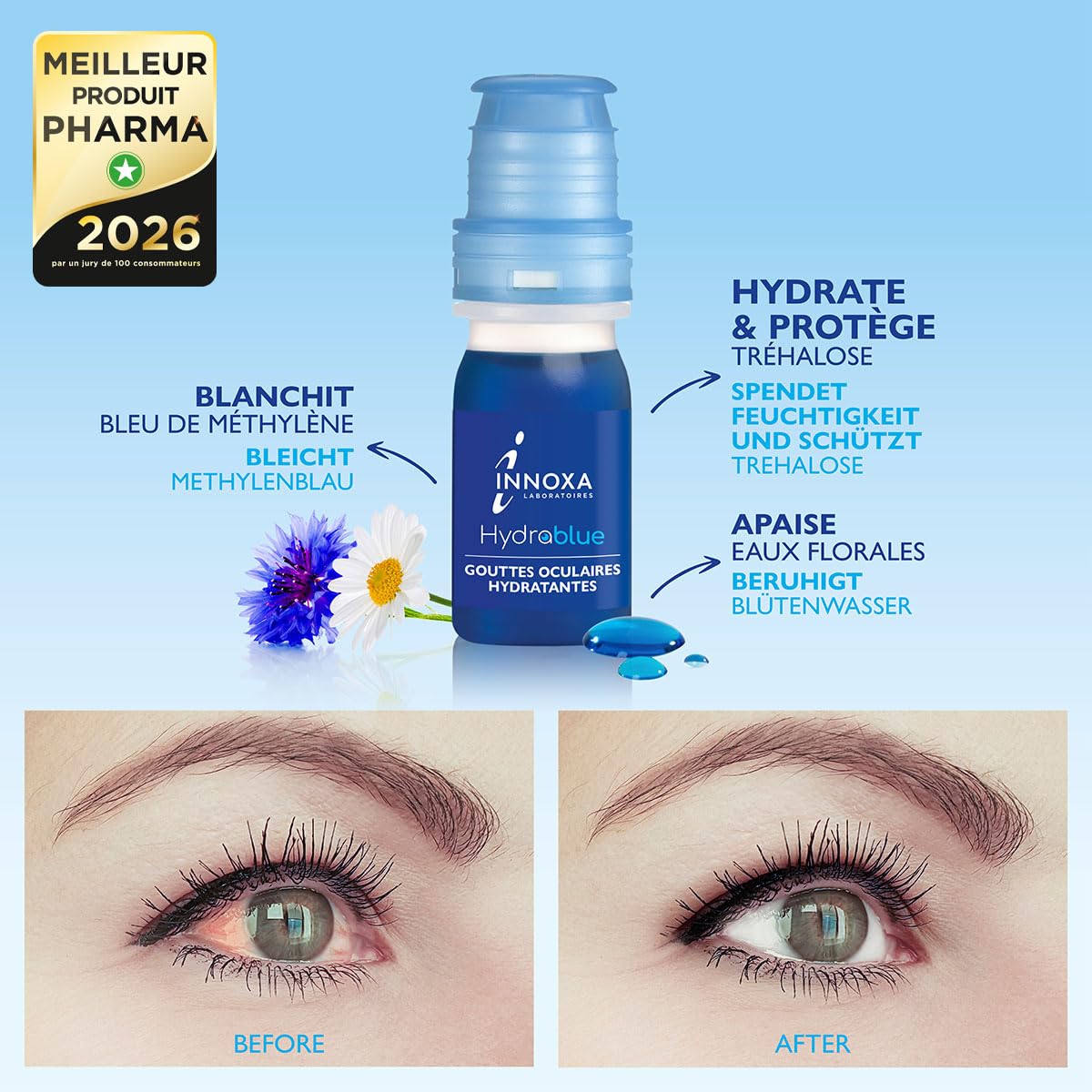 INNOXA Laboratoires - Blaue Formel Augentropfen - Aufhellung des Augenweiß – Befeuchtet gerötete und müde Augen – Originalformel – Made in France – Ohne Konservierungsstoffe - 2x10 ml