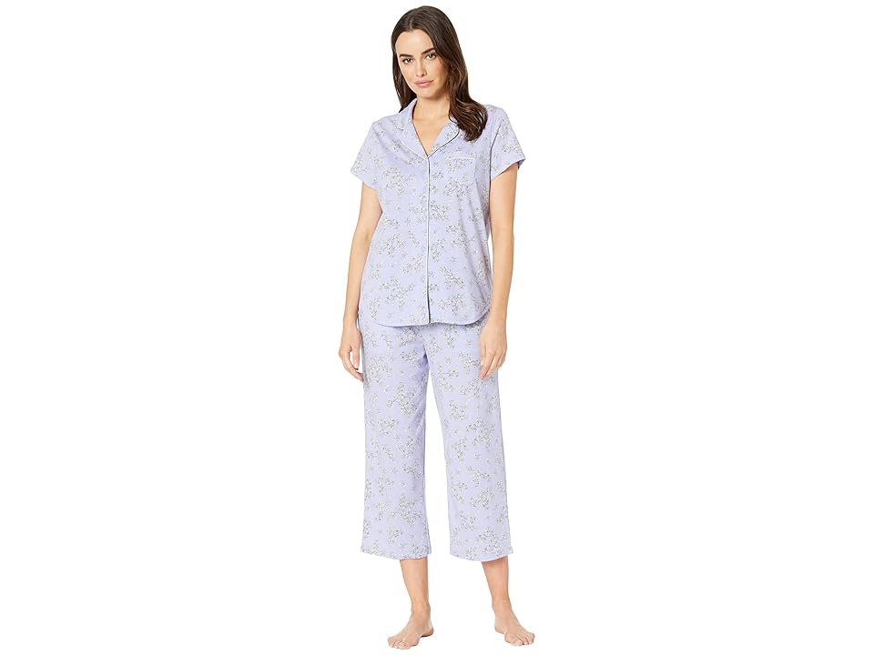 

Karen Neuburger Seranade Short Sleeve Girlfriend Capris PJ (Leaves/Sweet Lavender) Women's Pajama Sets, Blue