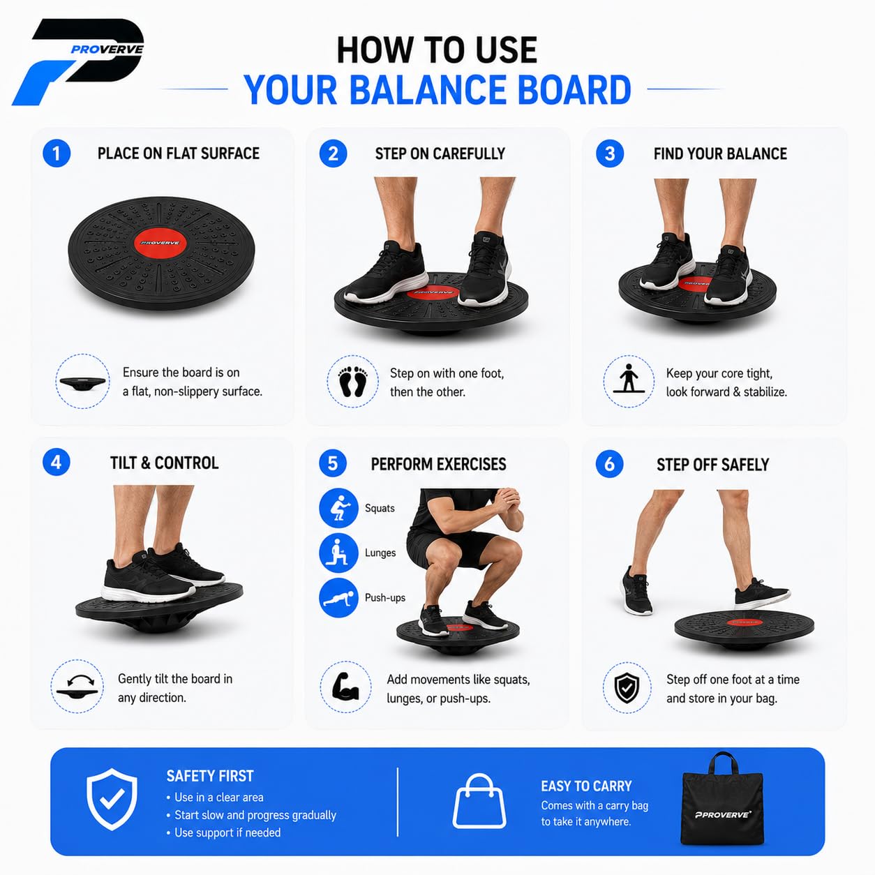 PROVERVE Balancing Board for Kids and Adults, Premium PVC Woble Balance Board- Improve Stability, Strength, and Coordination - Ideal for Fitness, Yoga, and Rehabilitation, with Bag (Pack of 1) 1