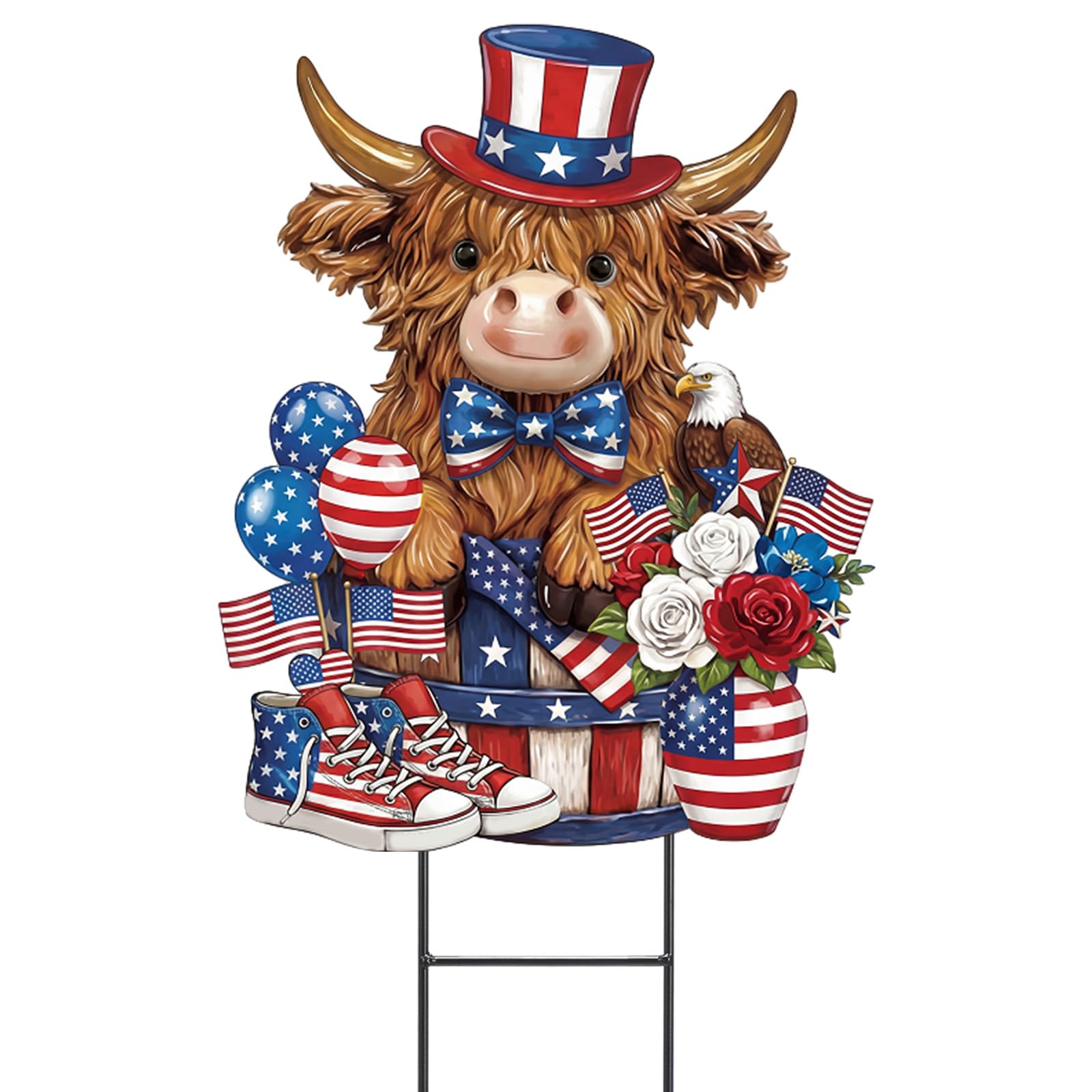 Amyhill 4th of July Highland Cow Metal Garden Stakes Patriotic American Flag Red White Blue Outdoor Yard Decorations with Stakes Independence Day Decor Sign for Home Lawn Porch Backyard Holiday Decor