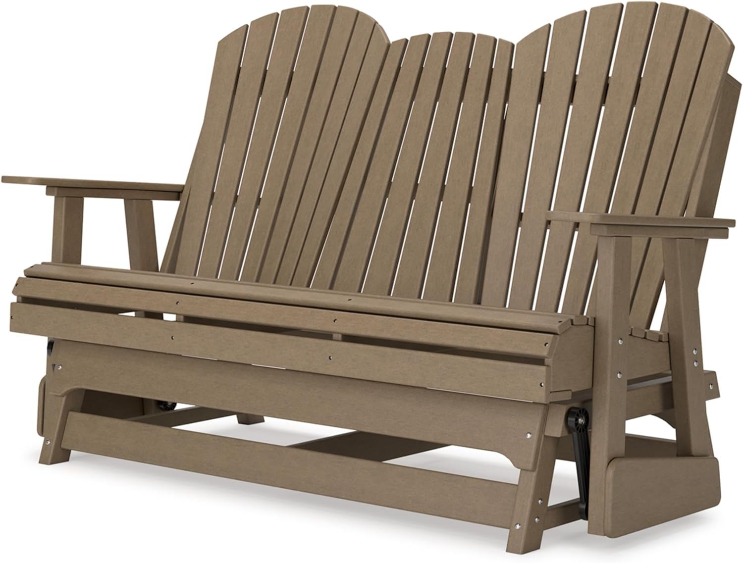 Signature Design by Ashley Hyland Wave Casual Weather Resistant HDPE Outdoor Glider Loveseat with Drop Down Table and 2 Cup Holders, Light Brown
