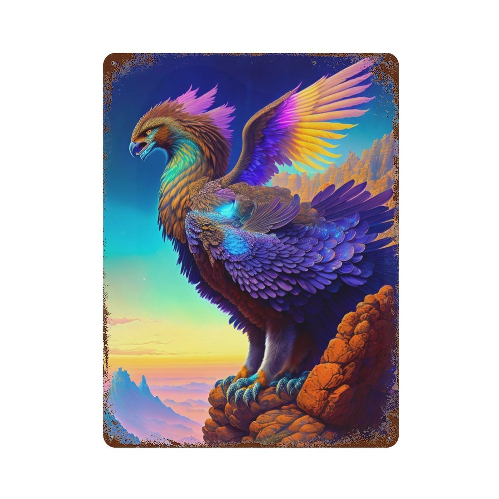Vintage Rust Metal Sign Colorful Mythical Bird Artwork 15.7"x11.8", Old School Wall Decor for Garage, Bar And Workshop Decor