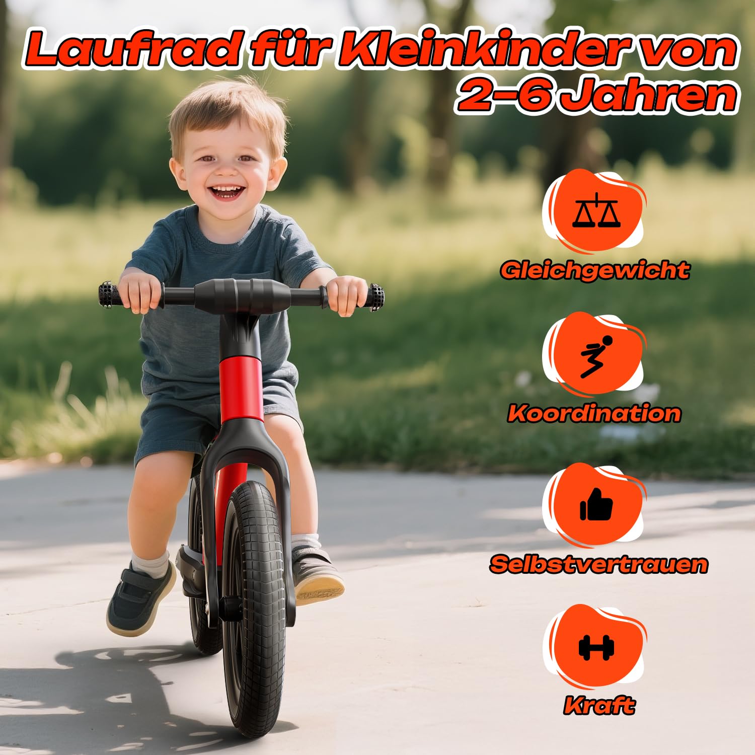 Skirfy Bicicleta infantil a partir de 2 años, juguete infantil para niños de 2 a 6 años, neumáticos de 14 pulgadas, asiento ajustable, marco ligero sin pedales, bicicleta de regalo para niños y niñas.