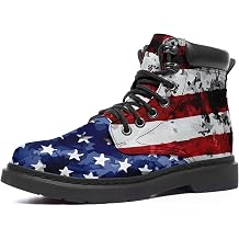 USA Flag American Patriotic Boots, Custom Bike Booties with Name, Stars Stripes Lace up Leather Ankle Combat Boot for Women Men