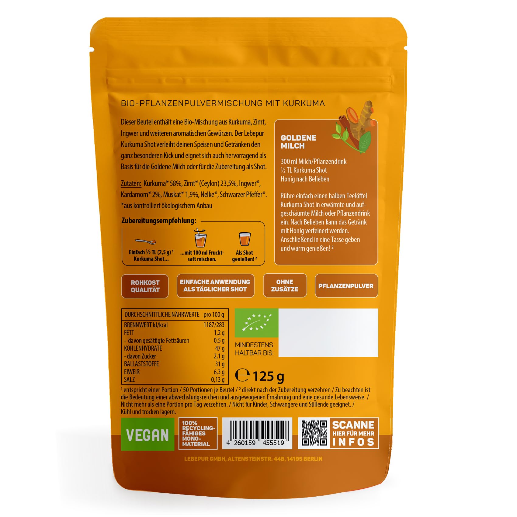 Lebepur BIO Kurkuma Shot 500g | ca. 200 Portionen hochdosiert Curcuma Shot, Ingwer Shot | 100% Bio-Gewürzmischung für Getränke | natürlicher Turmeric Shot I vegan