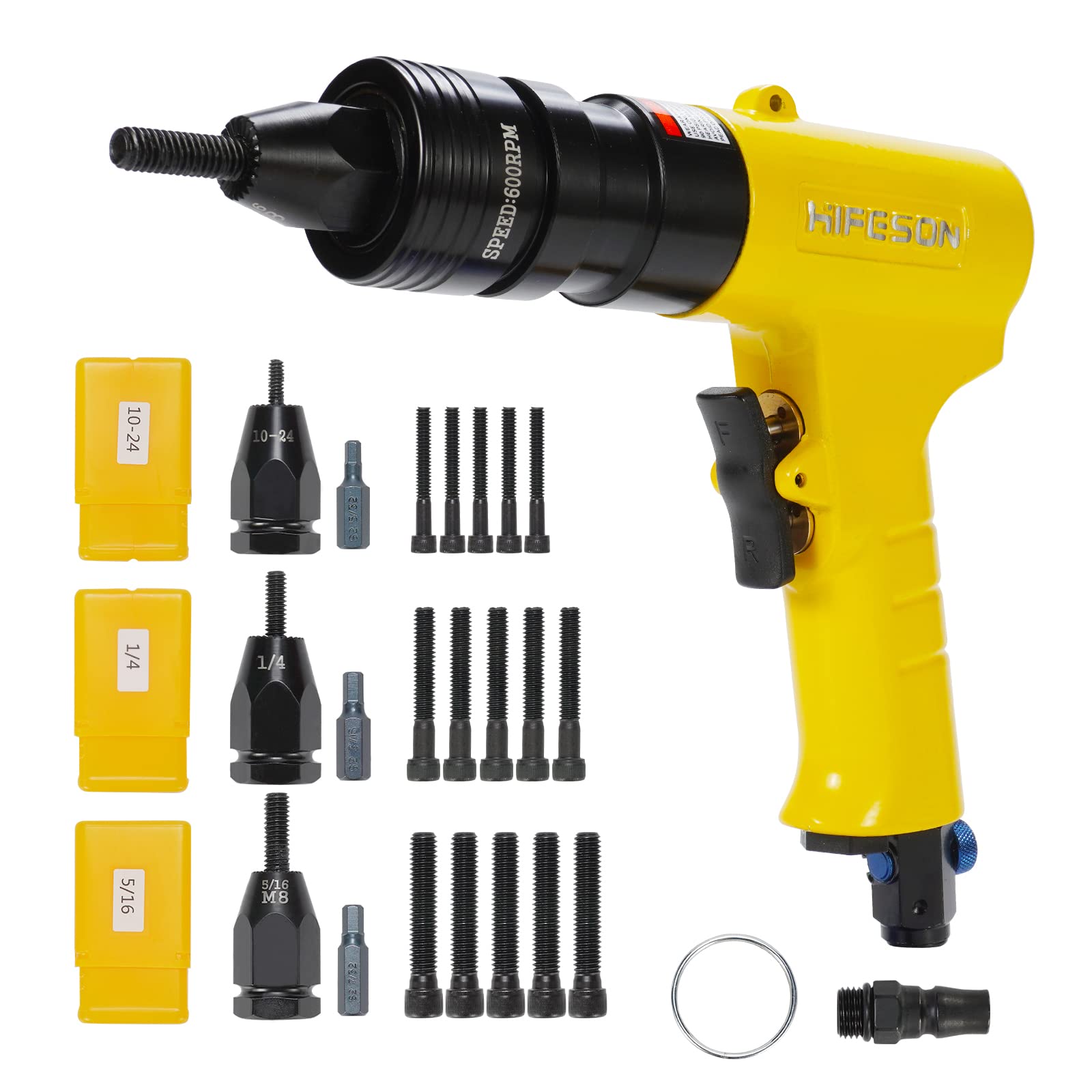 HIFESON Pneumatic Rivnut Gun with 10-24 & 10-32 & 8-32 Self-Locking Head Gun,Quick-Change Mandrels,Industrial Grade Adjustable Speed Pneumatic Thread Insert Tool
