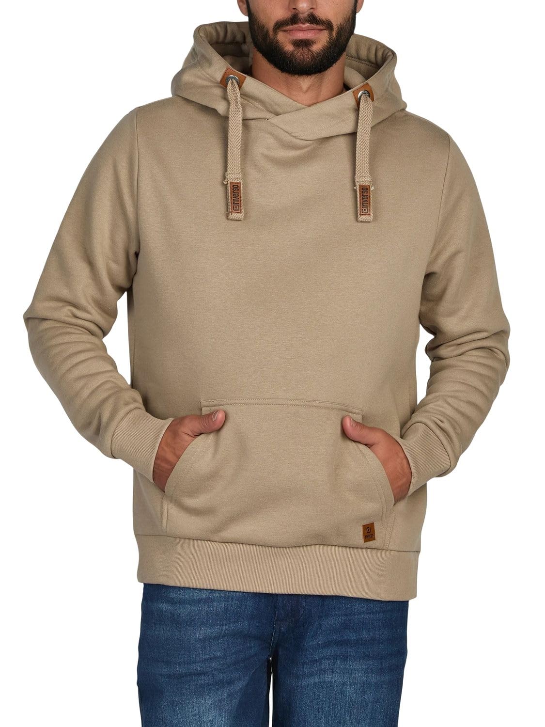 Riverso RIVniklas Men's Hooded Sweatshirt with Kangaroo Pocket, Regular Cross Collar, Plain, Cotton, Grey, Brown, Green, Red, Blue, Black, S, M, L, XL, 2XL, 3XL, 4XL, 5XL, Beige Cobblestone, S