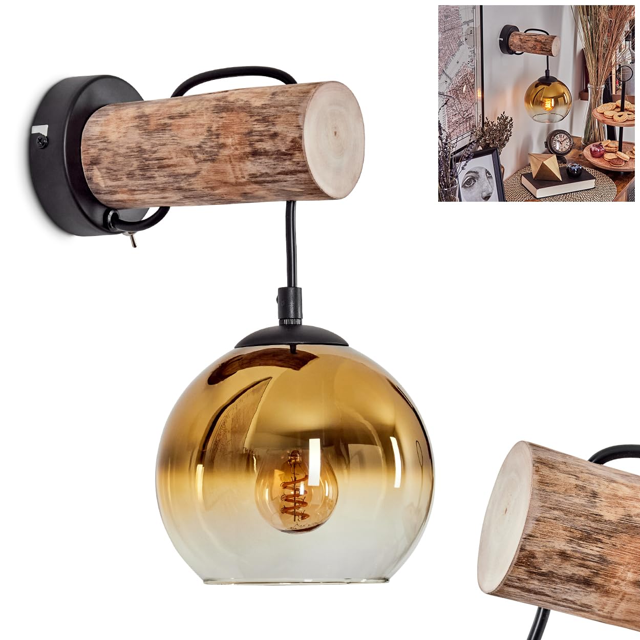 Wandleuchte Koyoto, Wandlampe aus Metall/Holz/Glas in Schwarz/Natur/Gold/Klar, Leuchte im Retro/Vintage-Design mit Schirm aus Glas (Ø 15 cm) u. An/-Auschalter am Gehäuse, 1 x E27, ohne Leuchtmittel