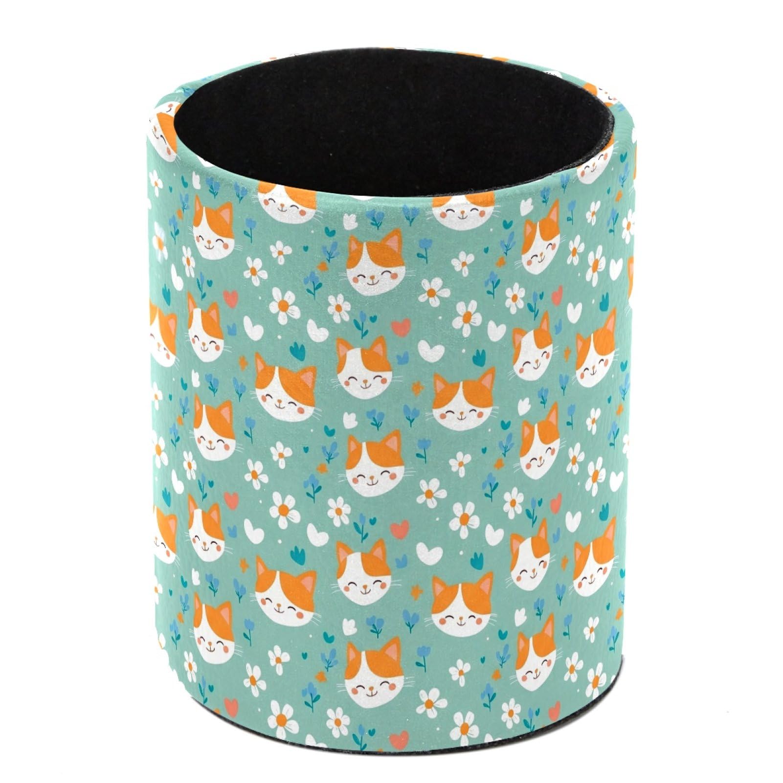 HEOEH Cats Daisies Pen Holder for Desk, PU Leather Pencil Holder Pen Cup Marker Holder Makeup Brush Holders, Desk Accessories & Workspace Organizers for Home, Office