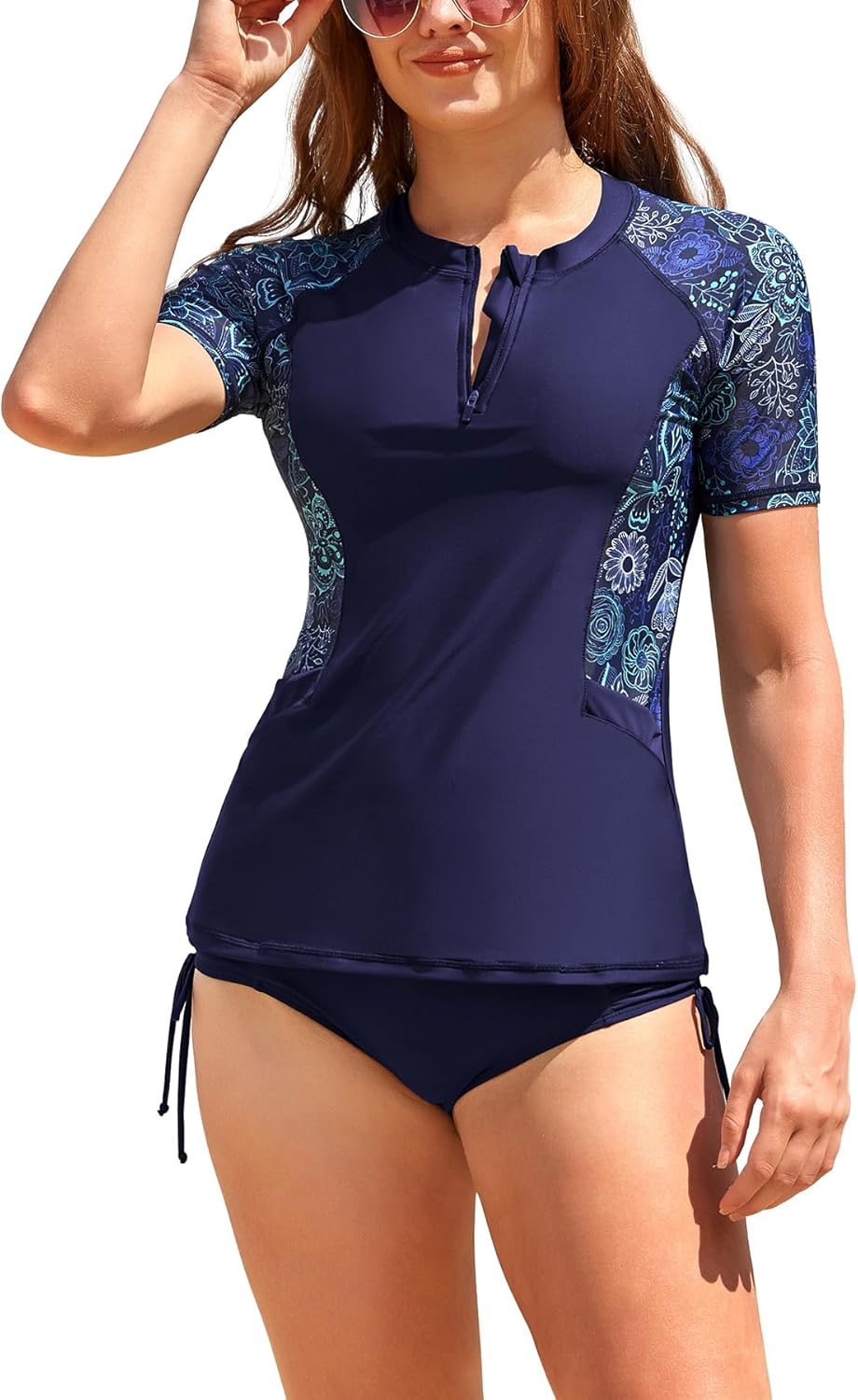 SHEKINI Women's Short Sleeve Rash Guard Zip Neck Paisley Swimsuit with Pockets Bathing Suit Top