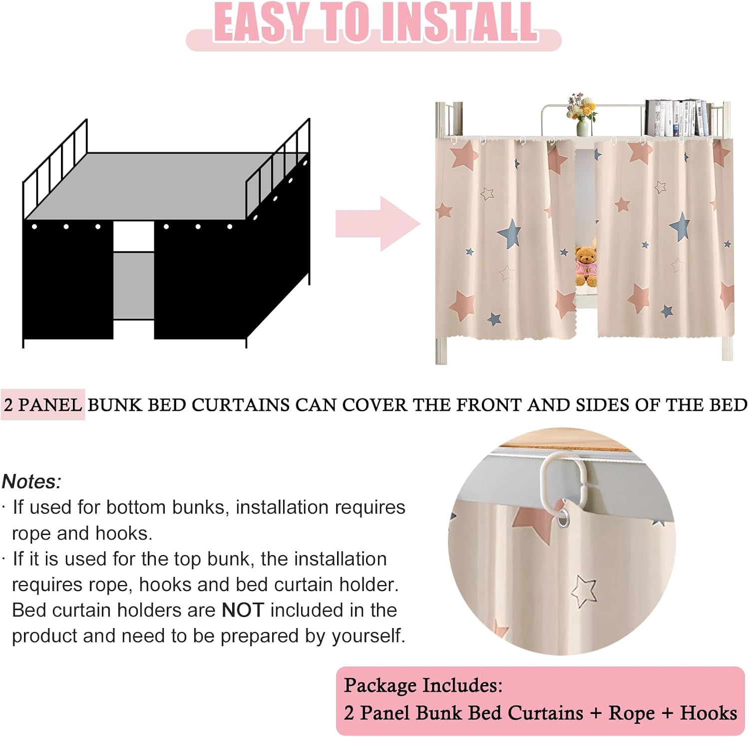 2 Panels Blackout Bottom Bunk Bed Curtains Thickened Privacy Dorm Loft Canopy Bed Curtain (Colorful Stars)