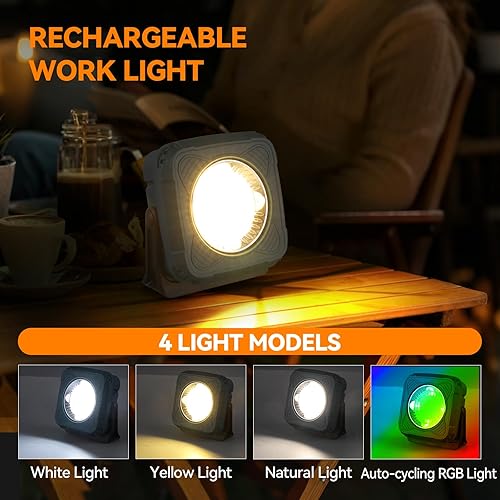 Miniatura 4 de MW78 - Luz de trabajo portátil, banco de energía 2 en 1, luz de inundación recargable con trípode y soporte magnético, carga USB tipo C, 4 luces LED