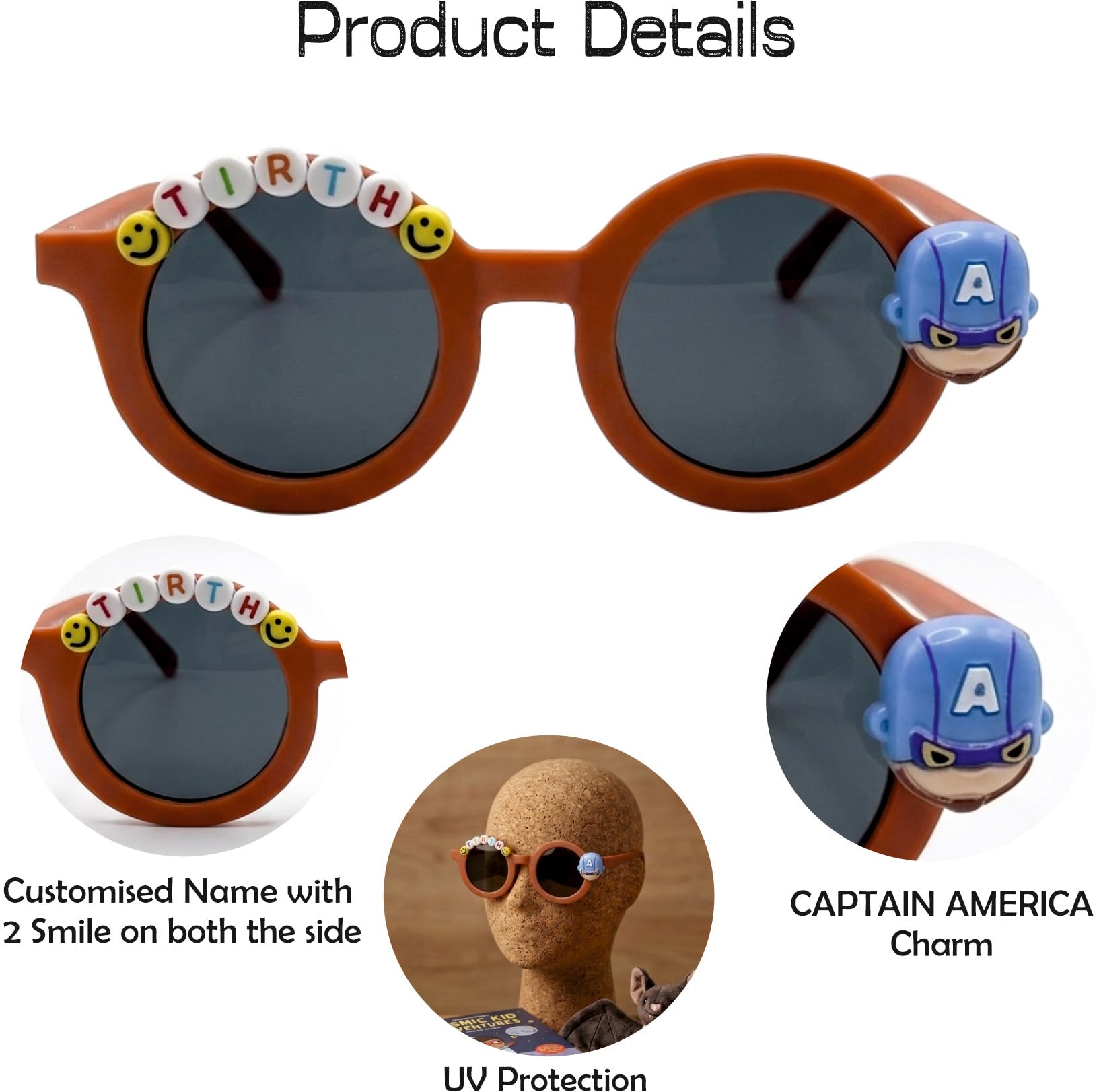PLAS ART STUDIO Customised round sunglasses Kids Sunglasses Get Kids Name on Frame For Girls & Boys. (Rust orange) 1