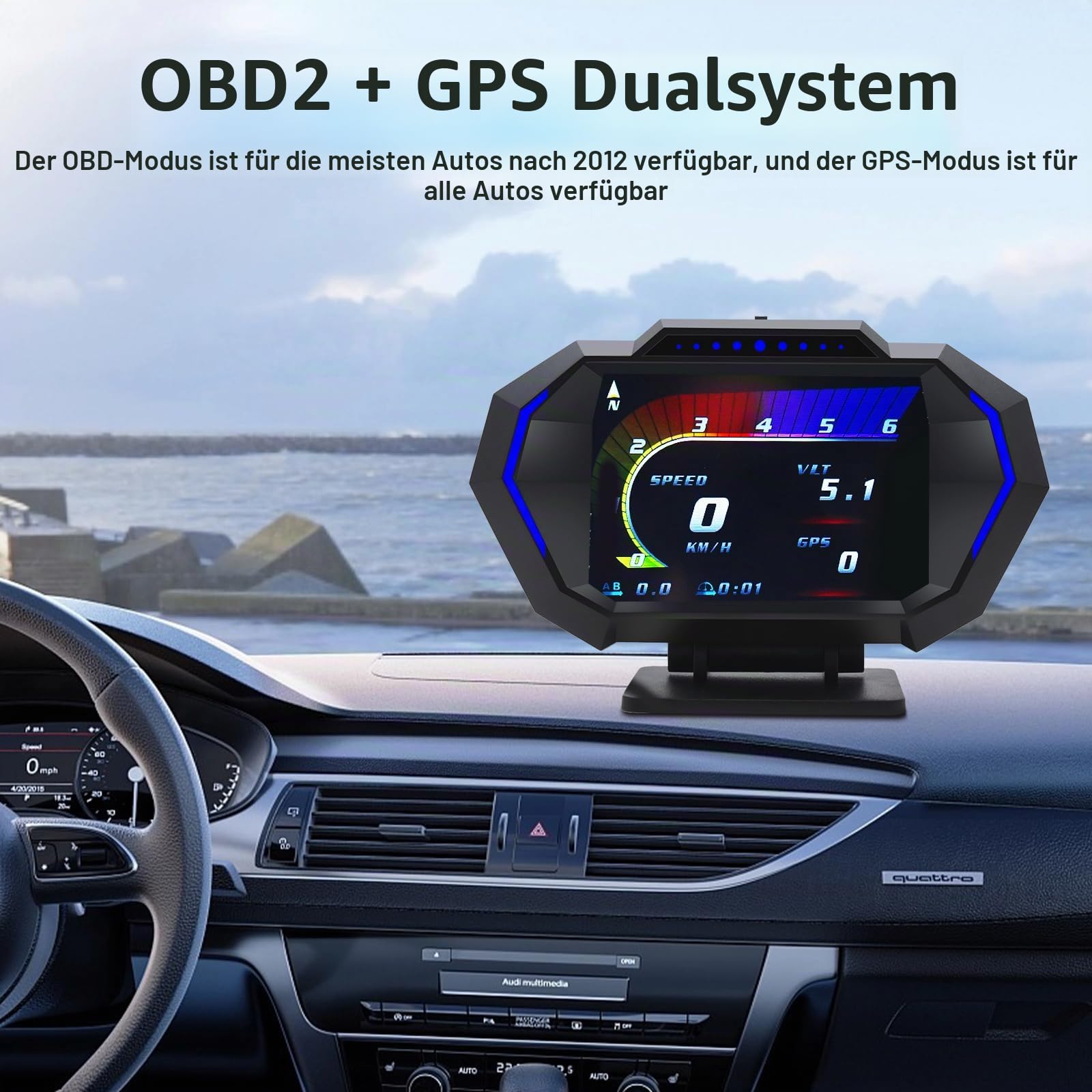 KAOLALI Head up Display OBD2+GPS Auto HUD Universal Digital Tachometer | mit Neigungsmesser, Geschwindigkeitswarnung, Müdigkeitserinnerung, Wassertemperaturanzeige, Spannungsanzeige, für Alle Autos
