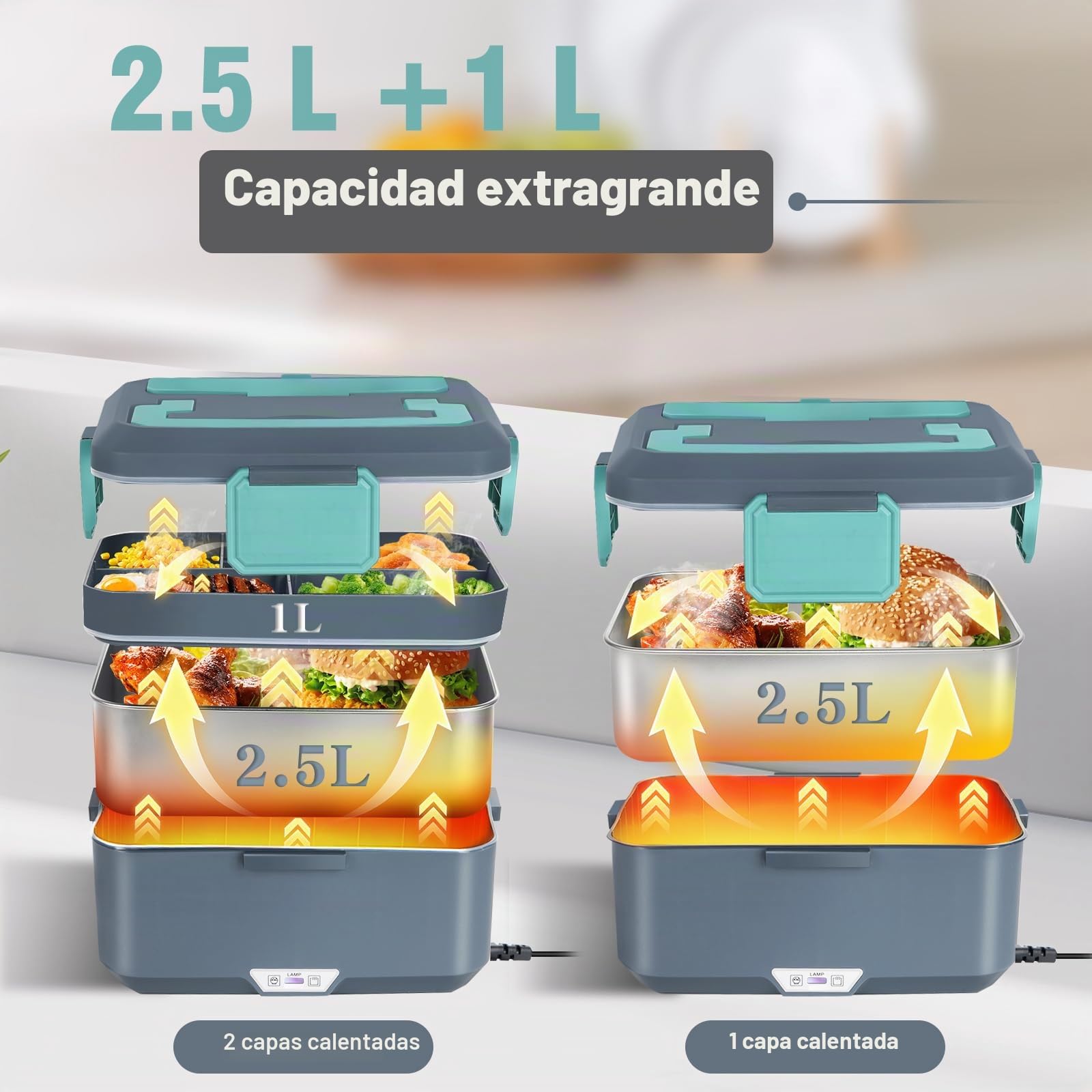 XREXS Fiambrera Eléctrica de 3,5 L y 90 W, con Capacidad Extragrande, para Casa o Coche, con Tenedor y Cuchara, Portátil, Ideal para Camiones, Familia y Camping