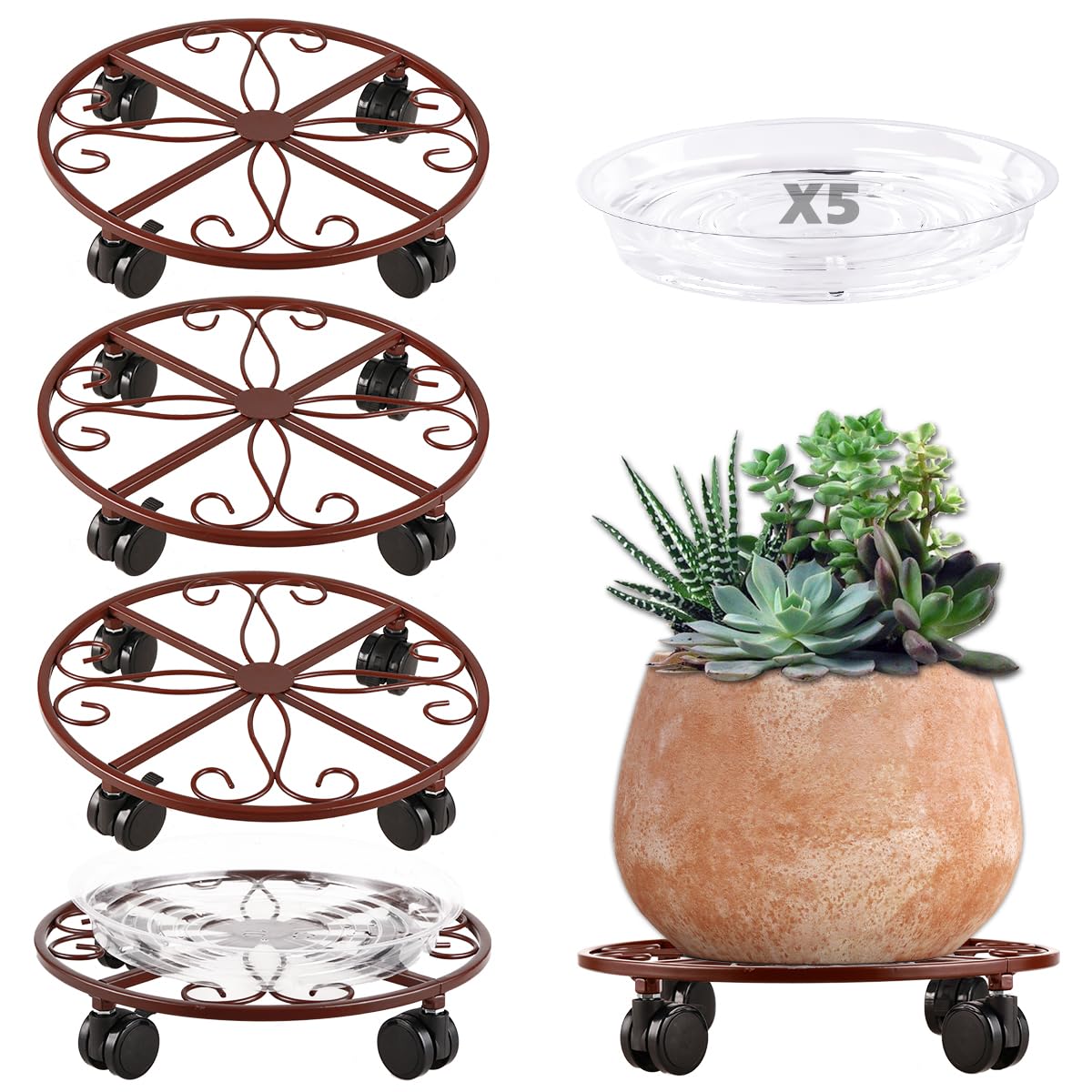 5 Pack Plant Caddy with Wheels Heavy Duty 12 Inches Metal Plant Stand with Wheels Plant dolly Rolling Plant Stand Plant Roller with Casters for Indoor and Outdoor with Plant Saucers, Bronze