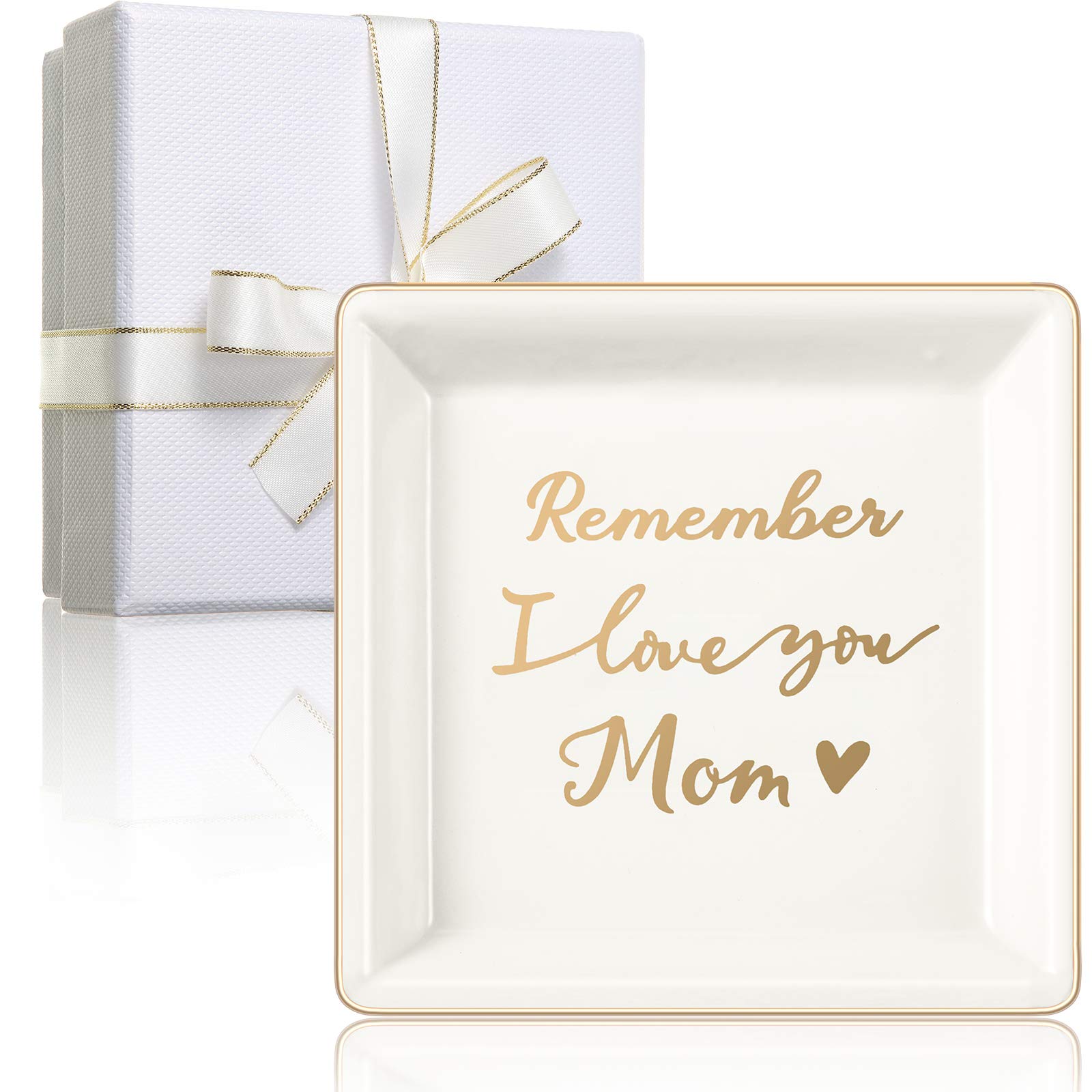 ZononMother's Day Gift for Mom Ceramic Jewelry Tray Remember I Love You Mom Dish Decorative Plate with Boxes Mother Day Jewelry Gift Box