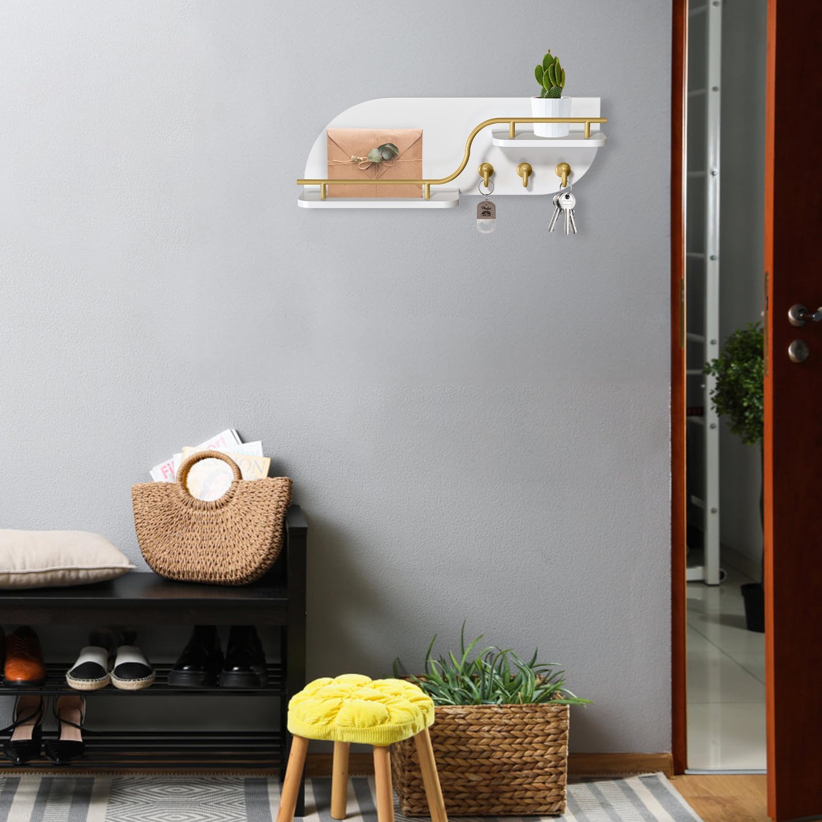 Portachiavi da parete, organizer decorativo per chiavi e posta, con 3 ganci in metallo e 2 ripiani, in legno, da parete, per ingresso, bianco