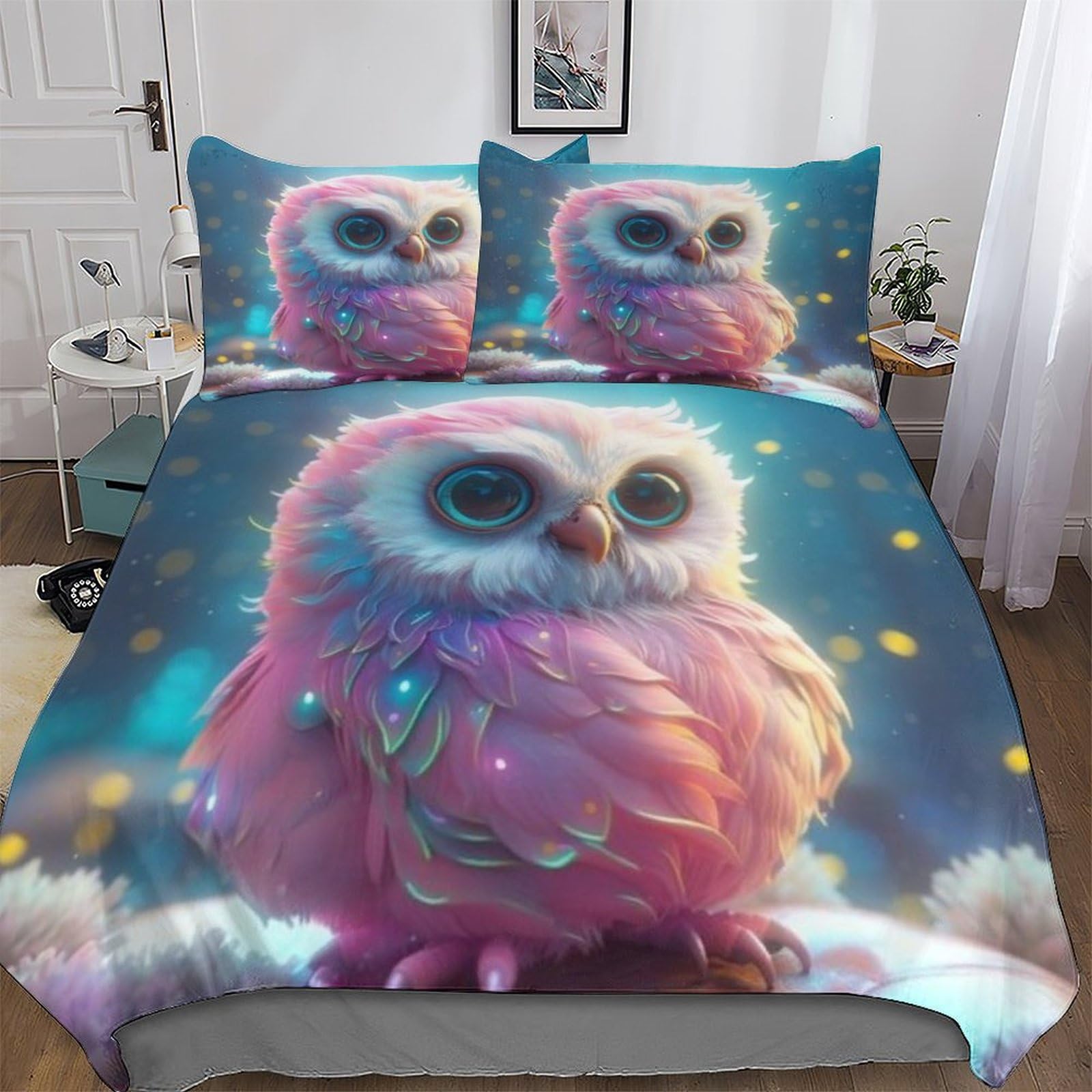 Housse de couette hibou 220x240 cm avec taies en microfibre douce pour lit king size