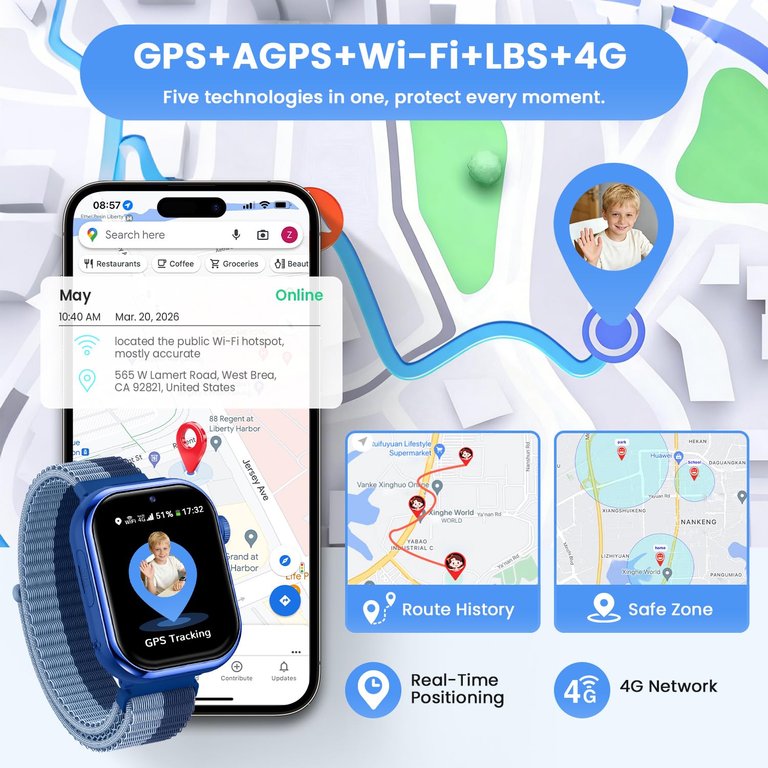 Reloj Inteligente Niño, 4G Smartwatch Niño con GPS y Llamadas, Doble Cámara, Videollamada, SOS, Modo Escuela, Despertador, Linterna, IP68, Podómetro, Regalo Niñas y Niños Azul, 3 Años Garantía
