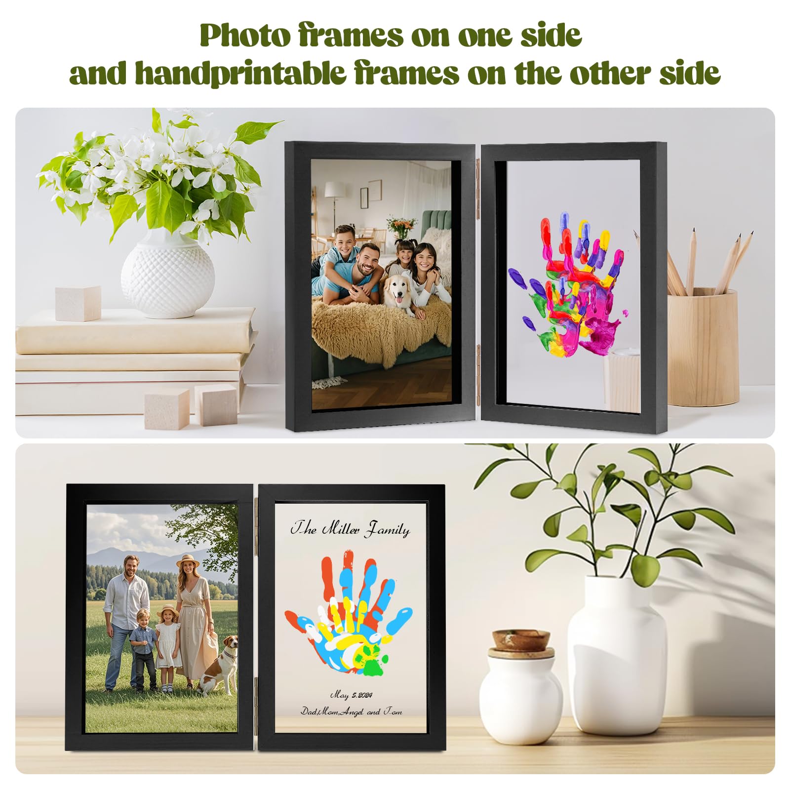 Nabance Empreinte Main Famille 4 Plaques en Plexiglas 5 Couleurs de Pigments, Cadre Empreinte Famille Convient Pour les Anniversaires Journée de Commémoration Fête de Famille, Noir