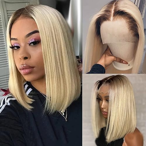 Pre Plucked 613 Ombre Blonde Wig for Women Middle Part 13x1x4 T Short Blonde Bob Wig High Density Shoulder Length Brown to Blonde Colored 2 Tones Remy Virgin Wig 14 Inch
