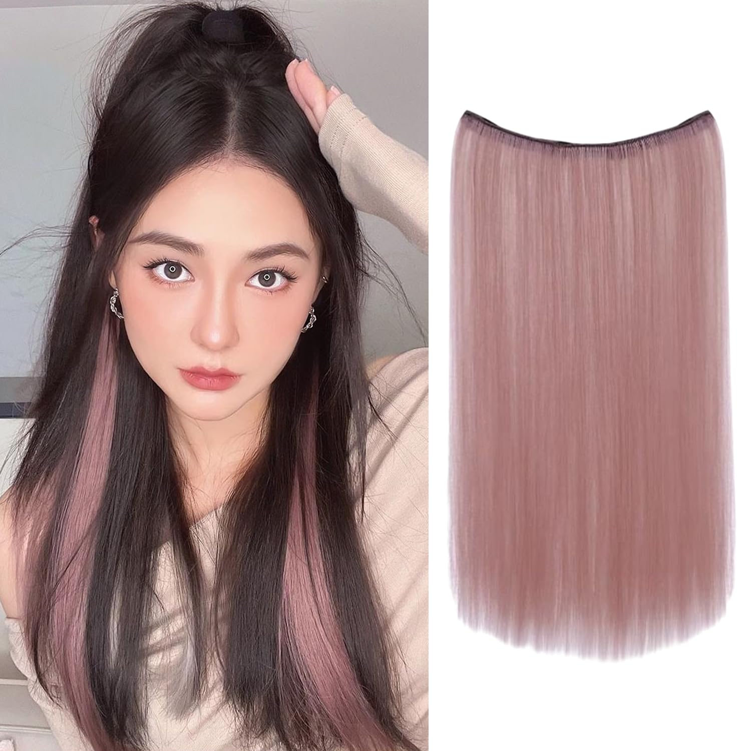 S.A.V.I Dirty Pink Clip-In Hair Extension 60 cm | Synthetic Silk Fiber Hair Patch for Women | Invisible 4-Clip One Piece | Seamless Straight Layered Highlight Streaks | Instant Volume & Length-image-32