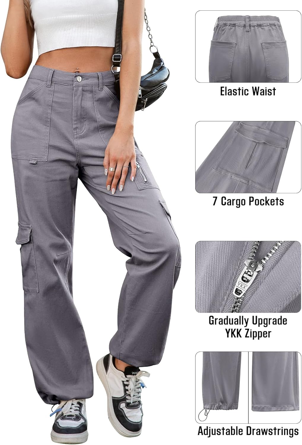 IVIR Cargo Pants Women High Waist Wide Leg Casual Pants with 7 Pockets Stretchy Drawstring Baggy Y2K Trousers - Image 4