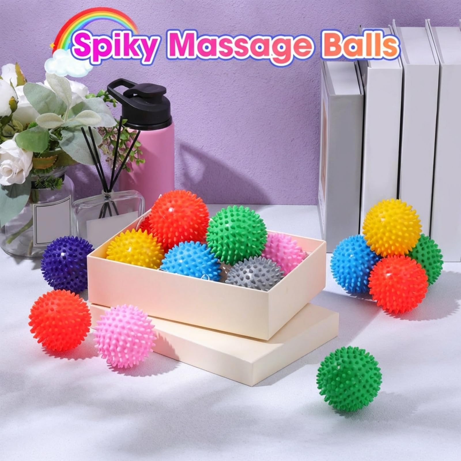 Liliful 36 palline massaggianti con punte per piedi, schiena, mani, rullo per massaggio fascite plantare, per terapia del piede e della mano, 9 colori, 7,6 cm, confezione multipla