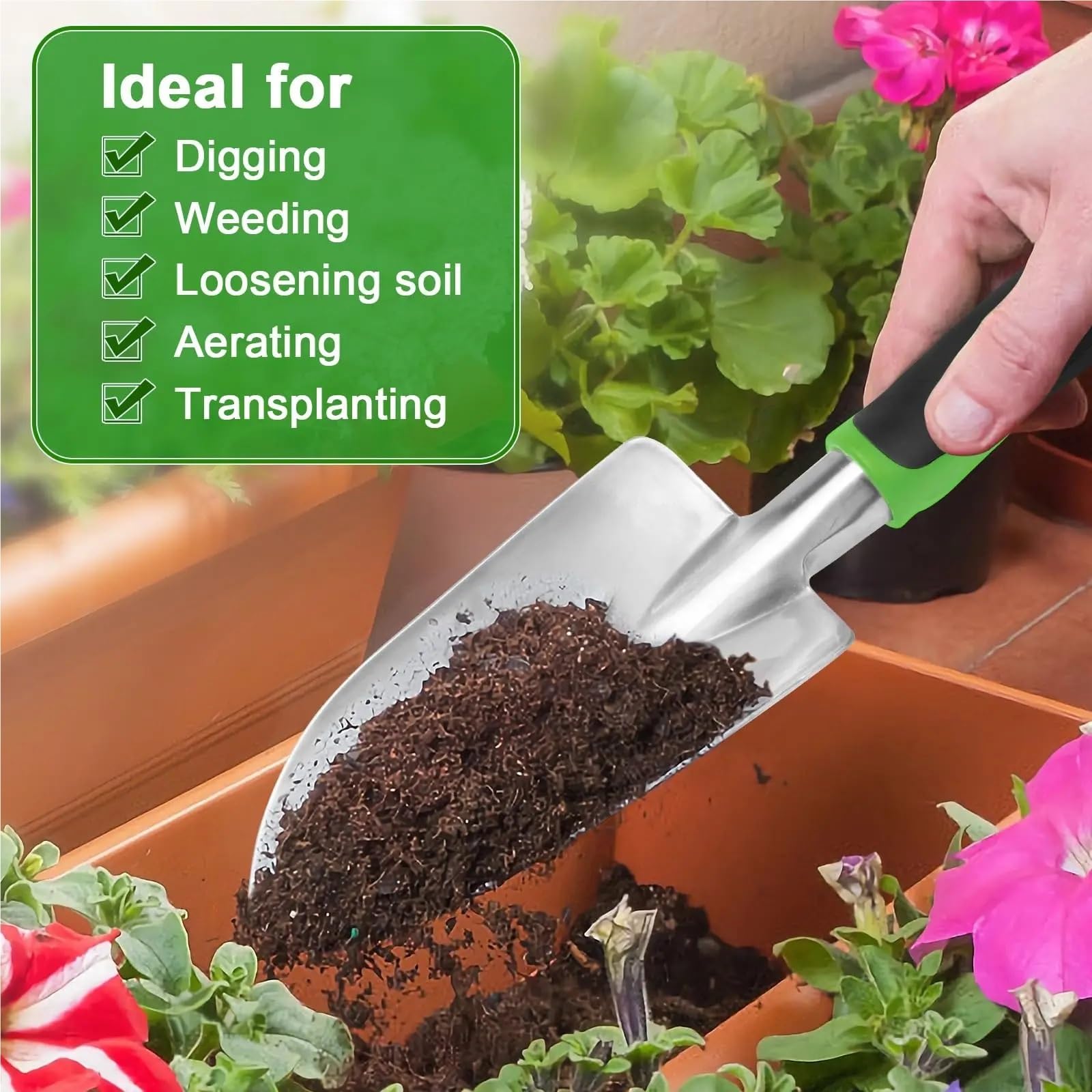 Handgabel Gartenkelle & breite Handschaufel mit spitzer Spitze und weichem, gummiertem, rutschfestem, ergonomischem Griff for Pflanzen, Umpflanzen, Jäten Mokka(A)