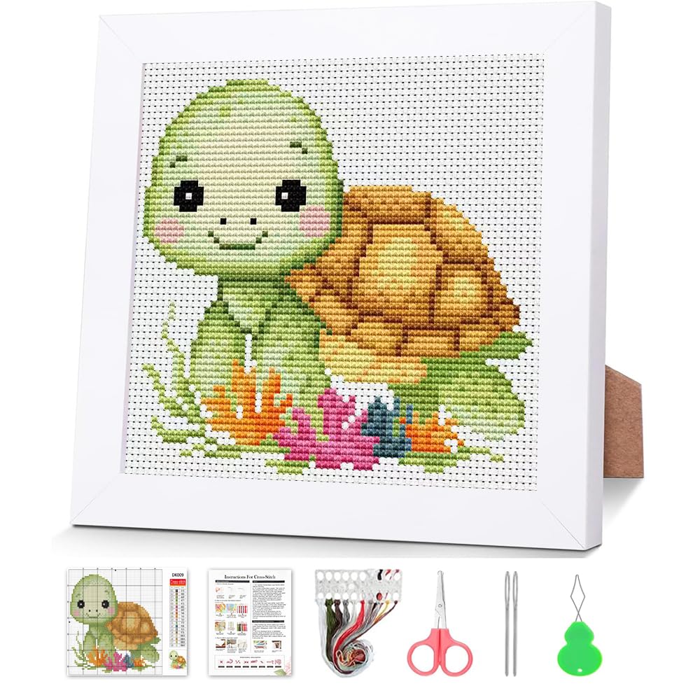 Jakener Turtle Cross Stitch Kits for Adults Beginners, Stamped Embroidery Kits for Adults, 11CT Counted Embroidery Needlepoint Kits Fun DIY Arts and Crafts with Frame 6.7x6.7inch