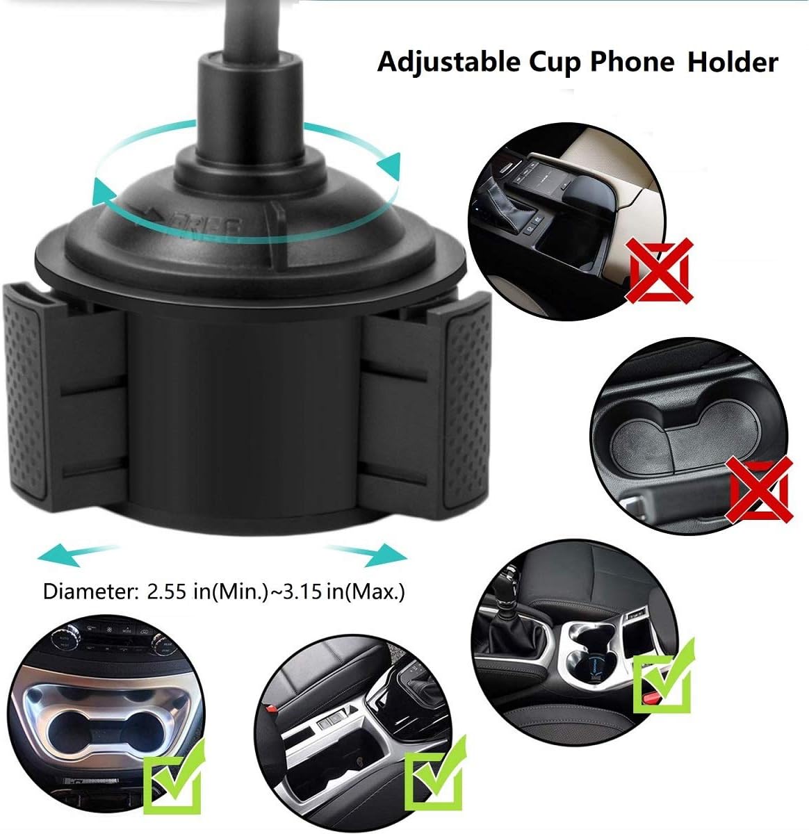 Cup Phone Holder for Car, Universal Adjustable Portable Cup Holder Car Phone Mount for iPhone Xs MAX/XR/XS/X/8/8 Plus, Galaxy S10/S9/S9 Plus/Note 9, Google Pixel and More(Black)