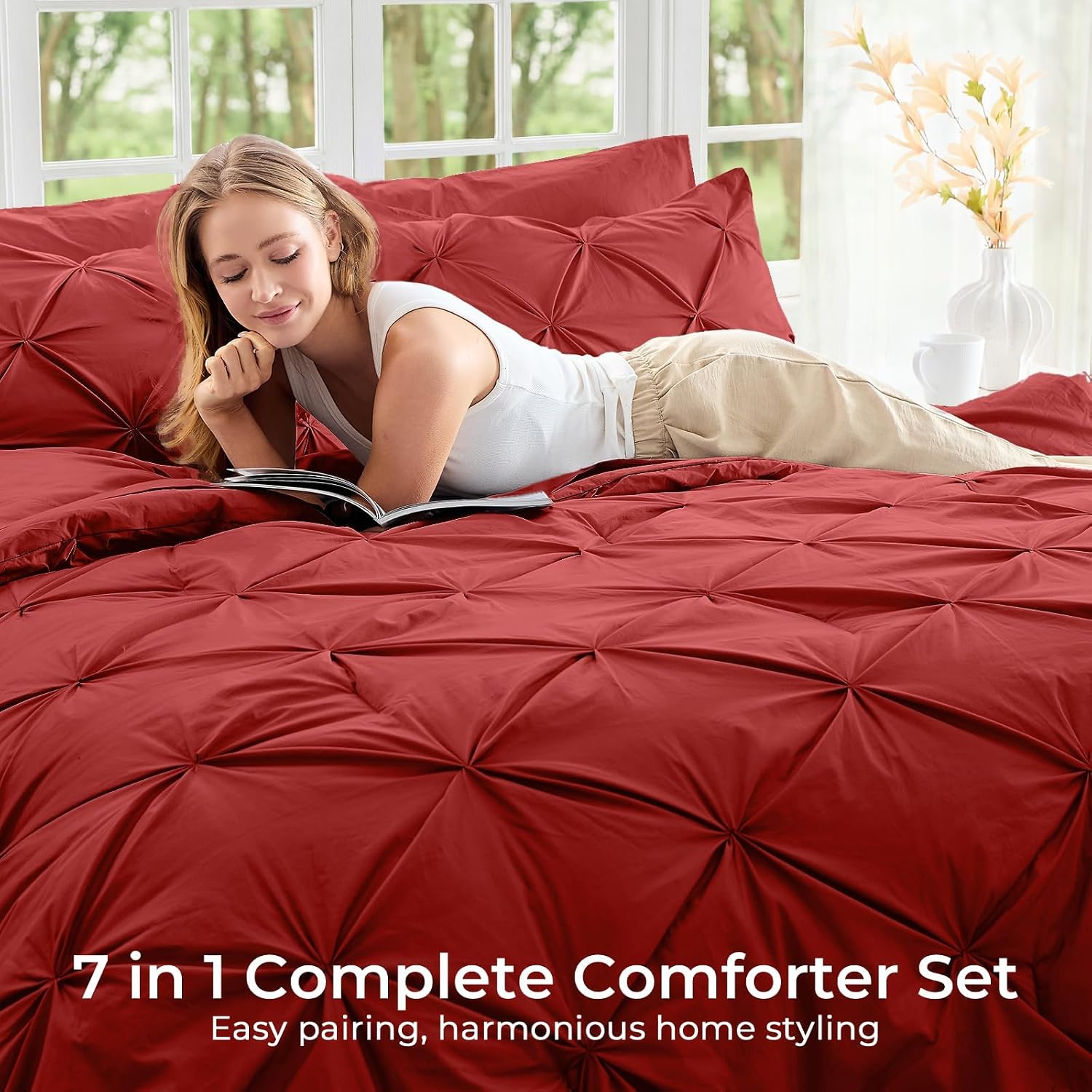  Full Size Comforter Set, 7-Piece Bed in a Bag Double, Pintuck Bedding Set for All Season, Includes Comforter, Flat Sheet, Fitted Sheet, Pillowcases and Pillowshams, Red thumbnail