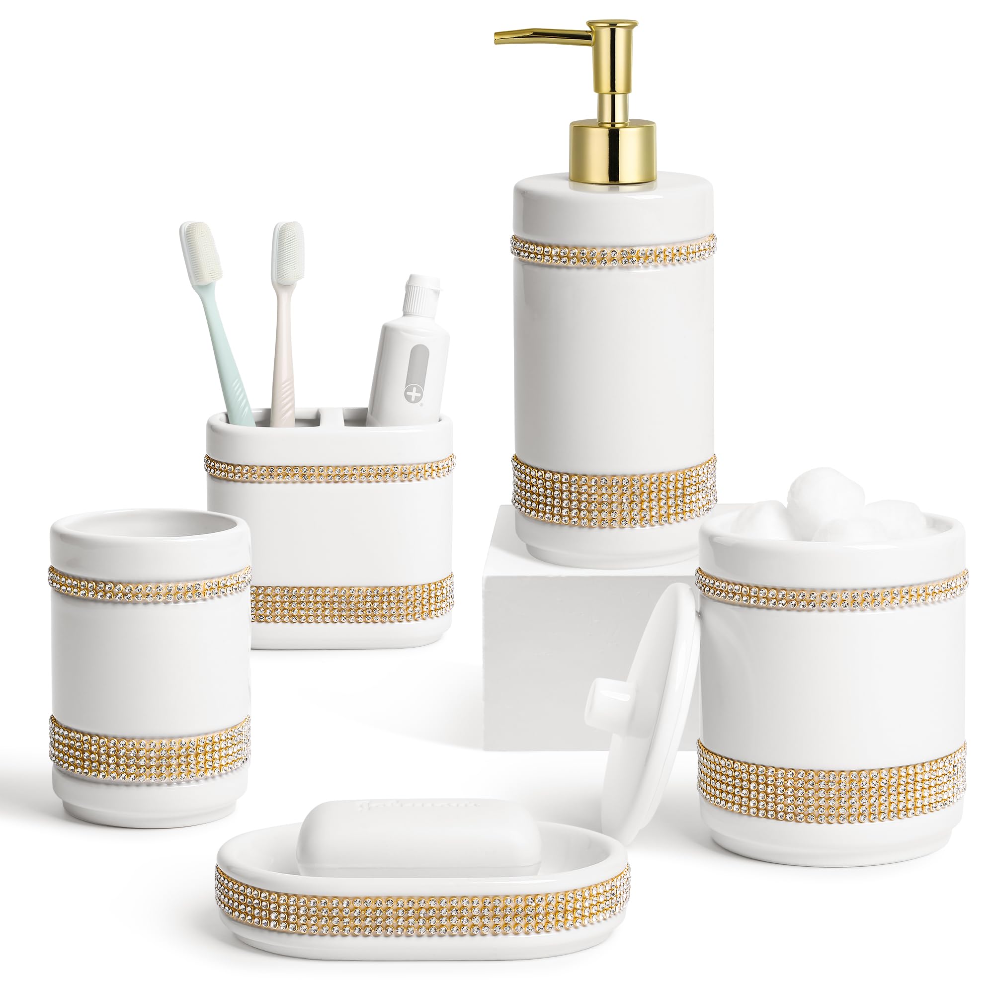 Bathroom Accessories Set with Diamonds 5 Pieces Toothbrush Holder Soap Dispenser Ceramic Bathroom Accessory Set Contain Cotton Swab Jar Toothbrush Cup Soap Dish Tumbler