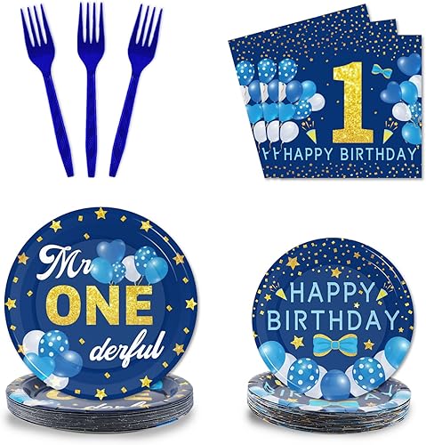 Tevxj Juego de vajilla de 96 piezas de Mr Onederful para primer cumpleaños, platos desechables, servilletas, tenedores para decoración de fiesta de
