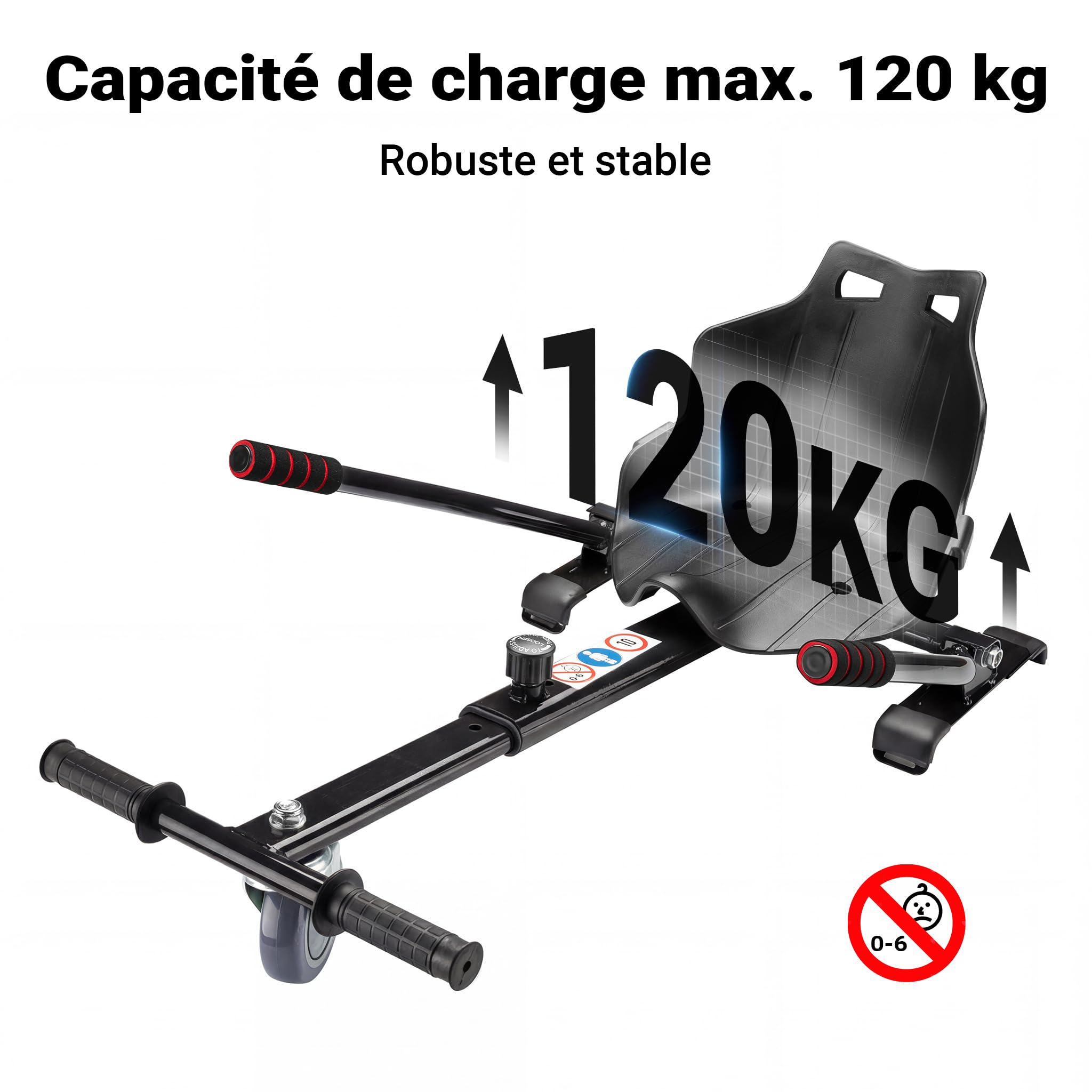 Wiltec Siège de Balance Scooter – Noir – capacité de 120 kg max. – avec Roulette et Poignées – ajustable pour Adultes et Enfants – Siège de Kart Elektroscooter compatible avec Hoverboard