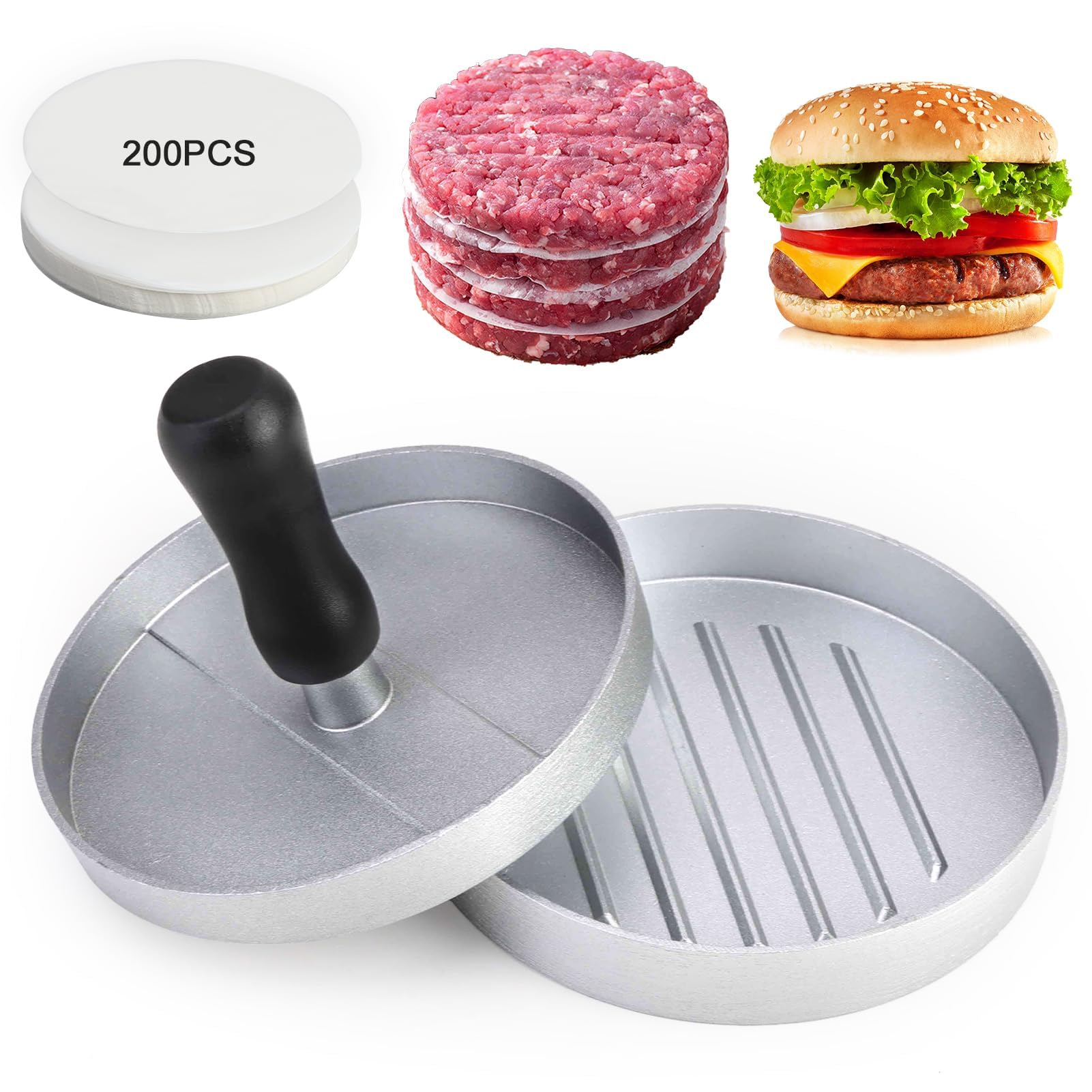 Smash Burger Press, Food Grand Stainless Steel Burger Grill Press with 200PCS Non-Stick Wax Paper for Burger Maker Chef Home House Outdoor Party Gathering Barbecues Baking Stuffed Beef Grill Press