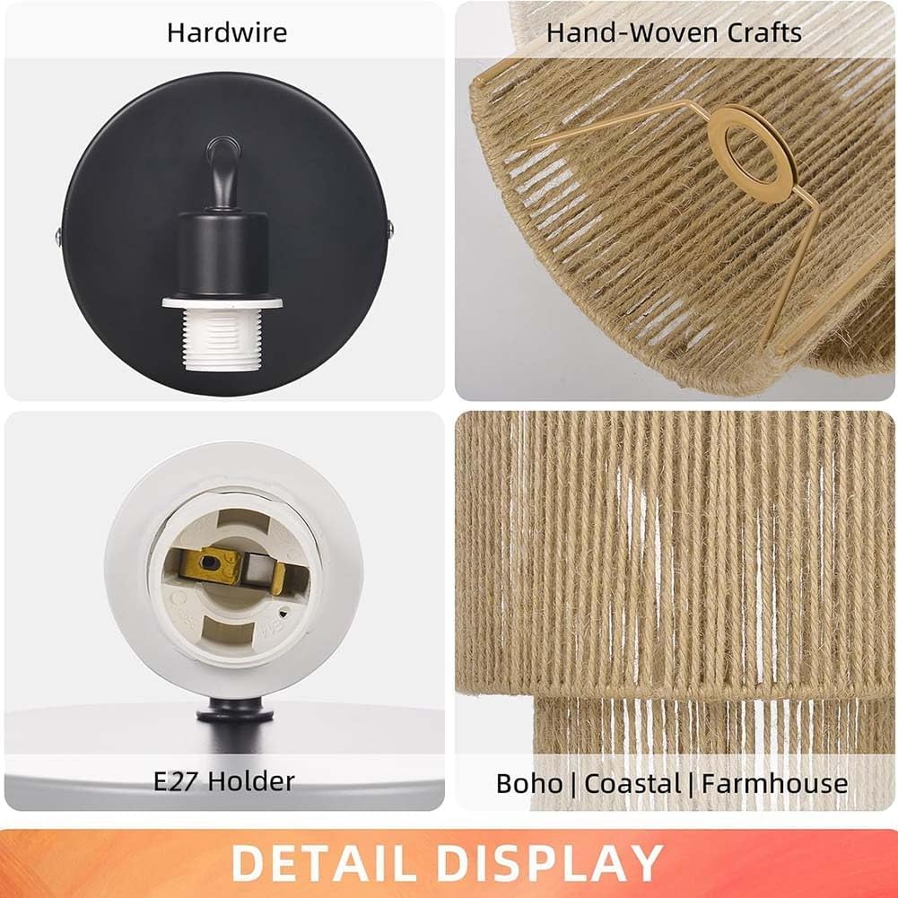 OOWOKS E27 Boho Vintage Rattan Wandlampe mit Stecker Kabel, Wandleuchte Innen mit Schalter, UP & Down Beleuchtung Handgewebter Rustikal Rattan Bambus Nachttischlampe für Wohnzimmer Schlafzimmer