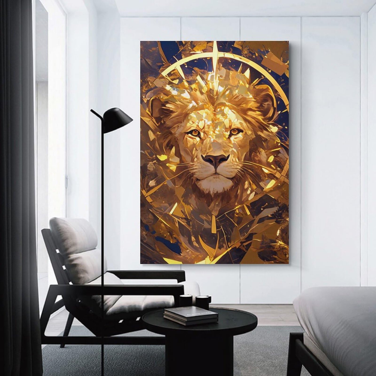 Junmoney Unframe-Style-16-2 Hanging Wall Art Golden Lion Abstract Portrait, 16X24inch(40X60cm), For Wall Displays, Bedrooms Or Room Updates, Wall Decor Suited To Curated Displays