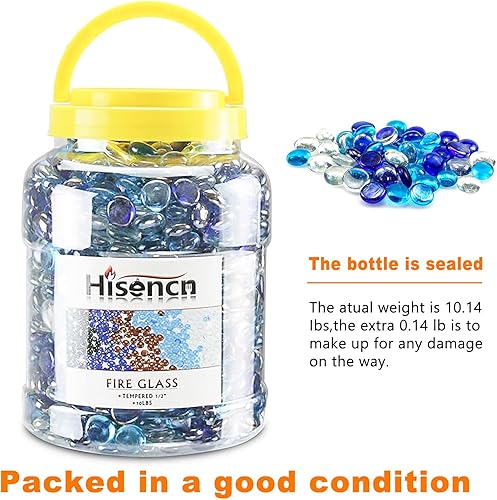 Miniatura 7 de Hisencn Cuentas de vidrio de fuego para hoguera de 12 pulgada, rocas de vidrio de fuego azul mezclado para chimenea de gas propano o natural, vidrio