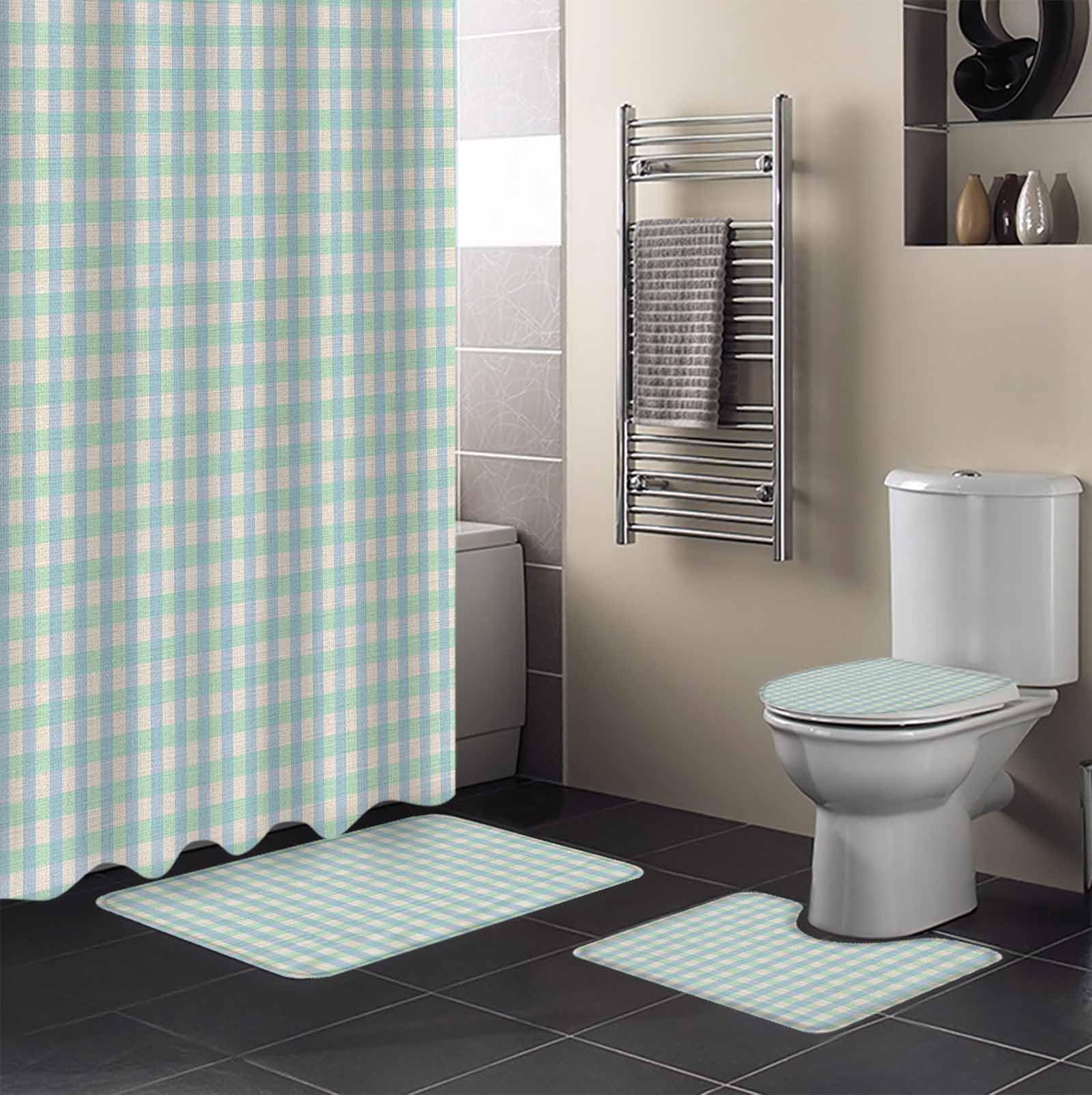 Blue Green Bathroom Set with Shower Curtain and Rug Accessories - 36x72 Inches Long Grid Checkered Plaid Gingham Lattice Trellis Stall Curtain Waterproof with Large Bath Mat,Washable Runner Rug Set