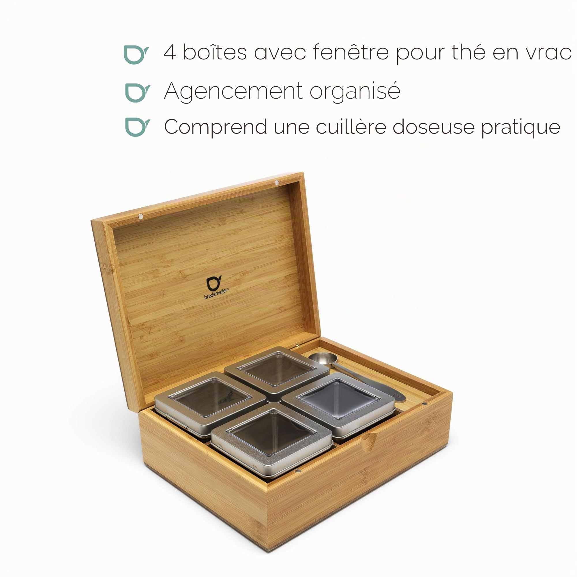 Bredemeijer - Boîte à thé avec 4 boîtes - Bambou - Avec cuillère doseuse