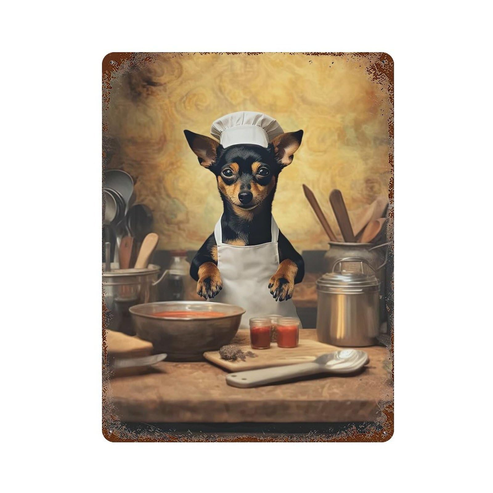 Vintage Rust Metal Sign with Miniature Pinscher Chef Design 15.7"x11.8", for Garage, Bar And Workshop Decor, Retro Wall Decor