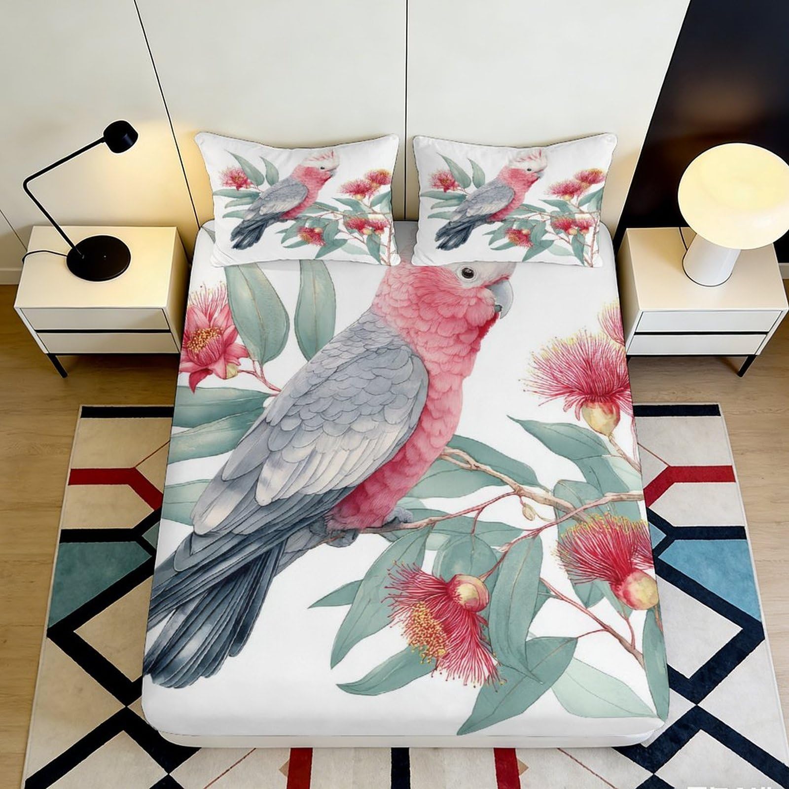 3D Printed Pink Parrot Fitted Sheet Microfiber Botanical Bed Cover for Bedroom Guest Room Easy Care Decor 90x200x25cm