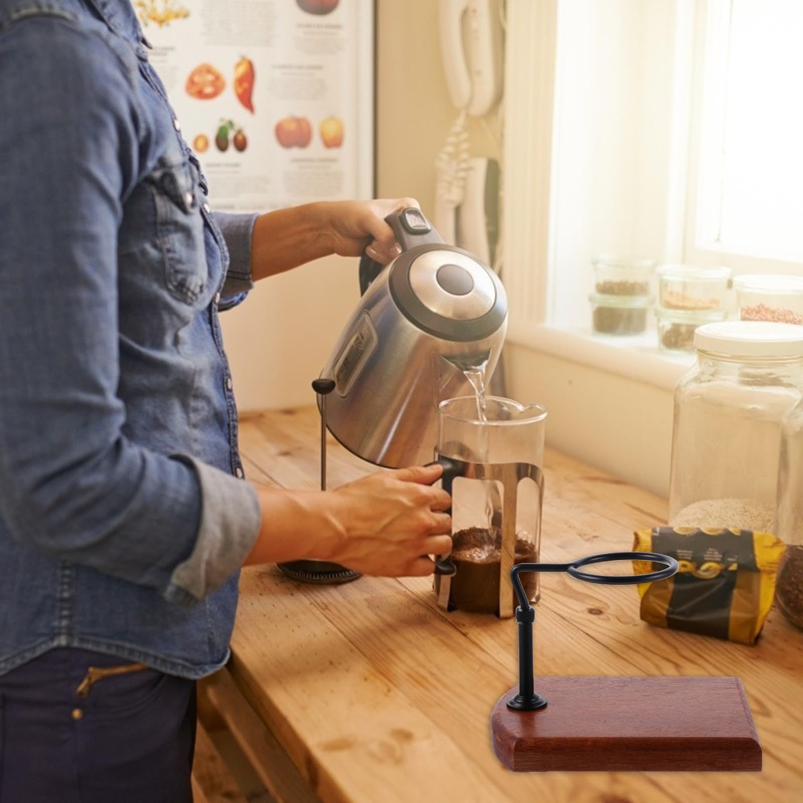 Abaodam Kaffeefilterständer Kaffeefilter Tassenhalter Verstellbar Aluminium und Holz Schwarz zum Handaufbrühen von Kaffee für Einen Glatten Kaffee